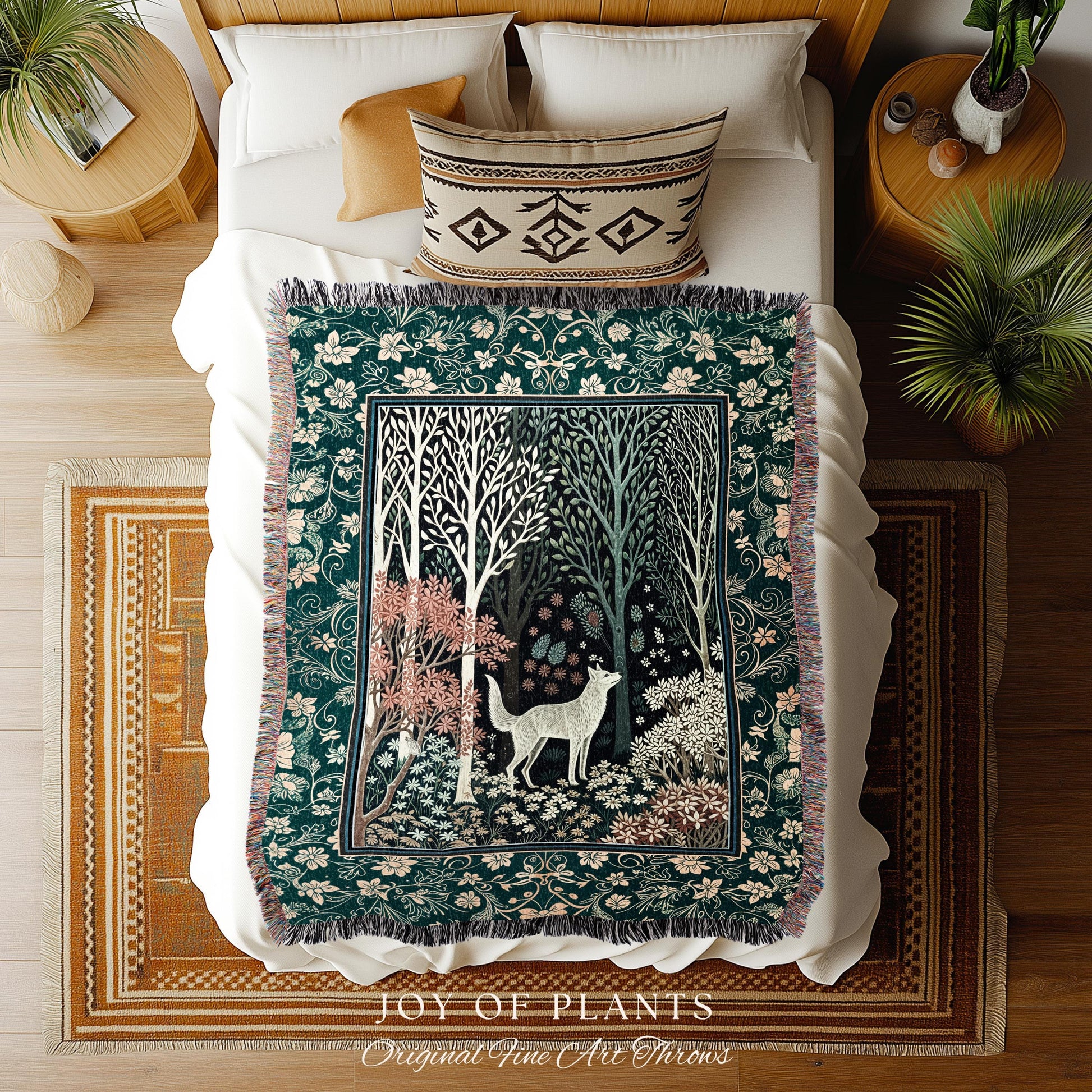 Rustic Nordic Nature Wolf Tapestry | Colorful Folklore Woven Throw Blanket Cottagecore Aesthetic Cute Boho Nursery Pastel Whimsical Woodland