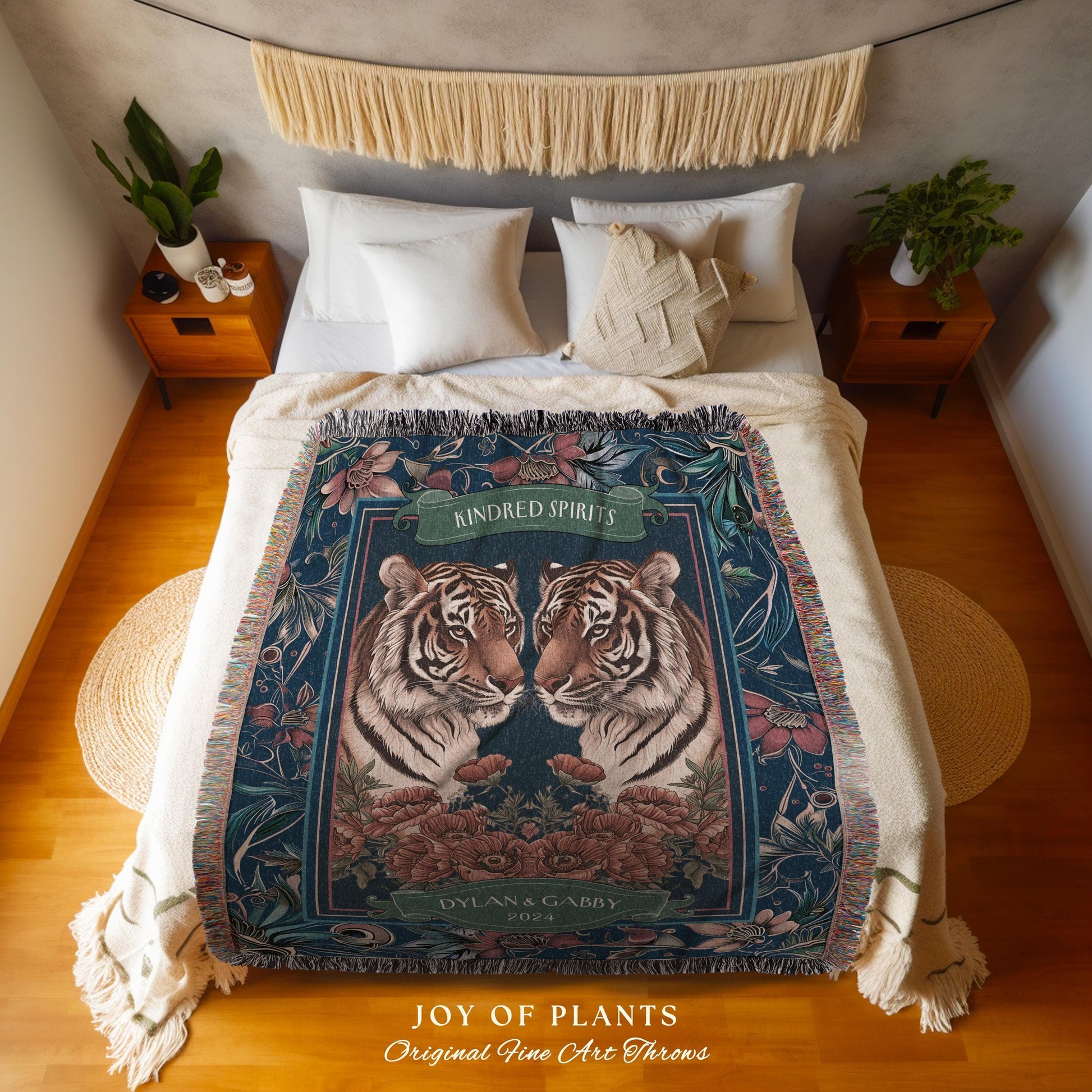 Tiger Throw Blanket Custom Name Tapestry | Personalized Gift for Partner Cozy Woven Cotton Dark Blue Throw Blanket Personalized His & Hers