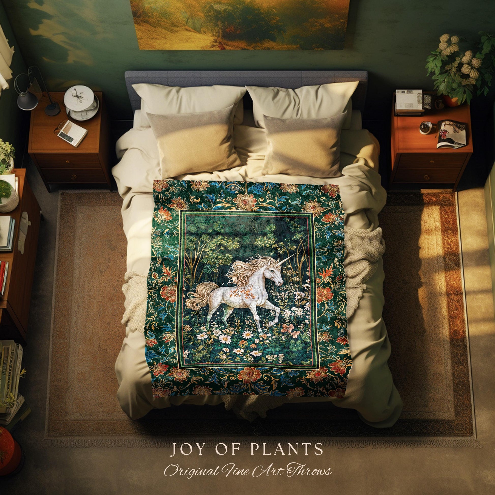 Storybook Aesthetic Mystic Unicorn Blanket | Colorful Maximalist Woven Tapestry Whimsical Victorian Fairycore Ethereal Medieval Woodland |