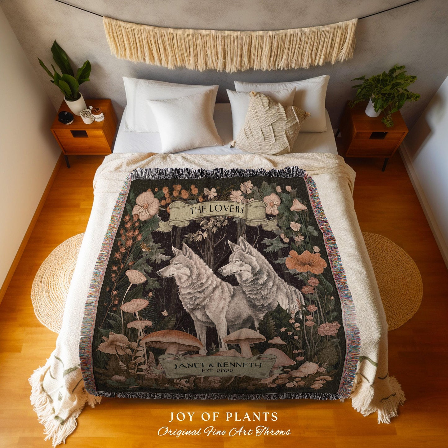 Woodland Wolves Custom Couple Blanket | Dating Anniversary Gift His & Hers Wolf Tapestry Woodland Cottagecore Wedding Unique Couple Gifts |