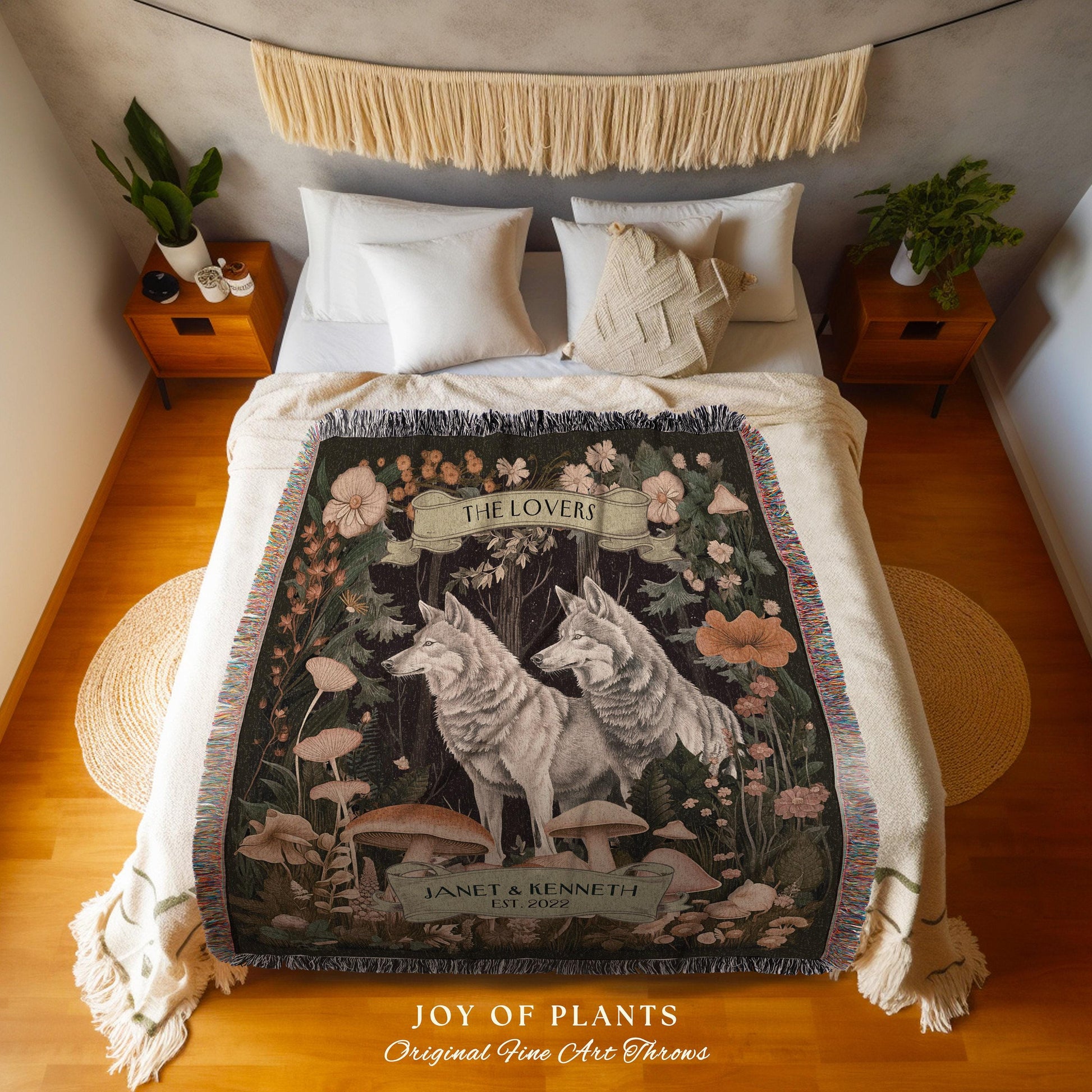 Woodland Wolves Custom Couple Blanket | Dating Anniversary Gift His & Hers Wolf Tapestry Woodland Cottagecore Wedding Unique Couple Gifts |