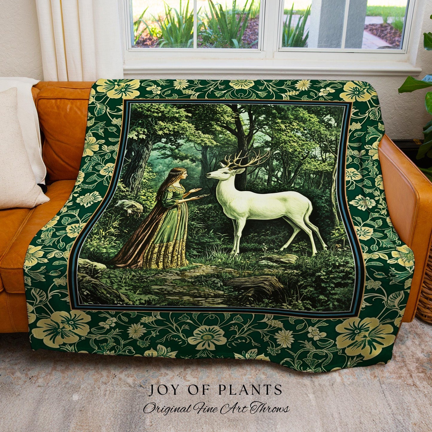 Lush Woodland Folklore Tapestry Woven | Forest Nymph Castlecore Botanical Throw Blanket Forest Spirits Deep Emerald Green Bedroom Accent |