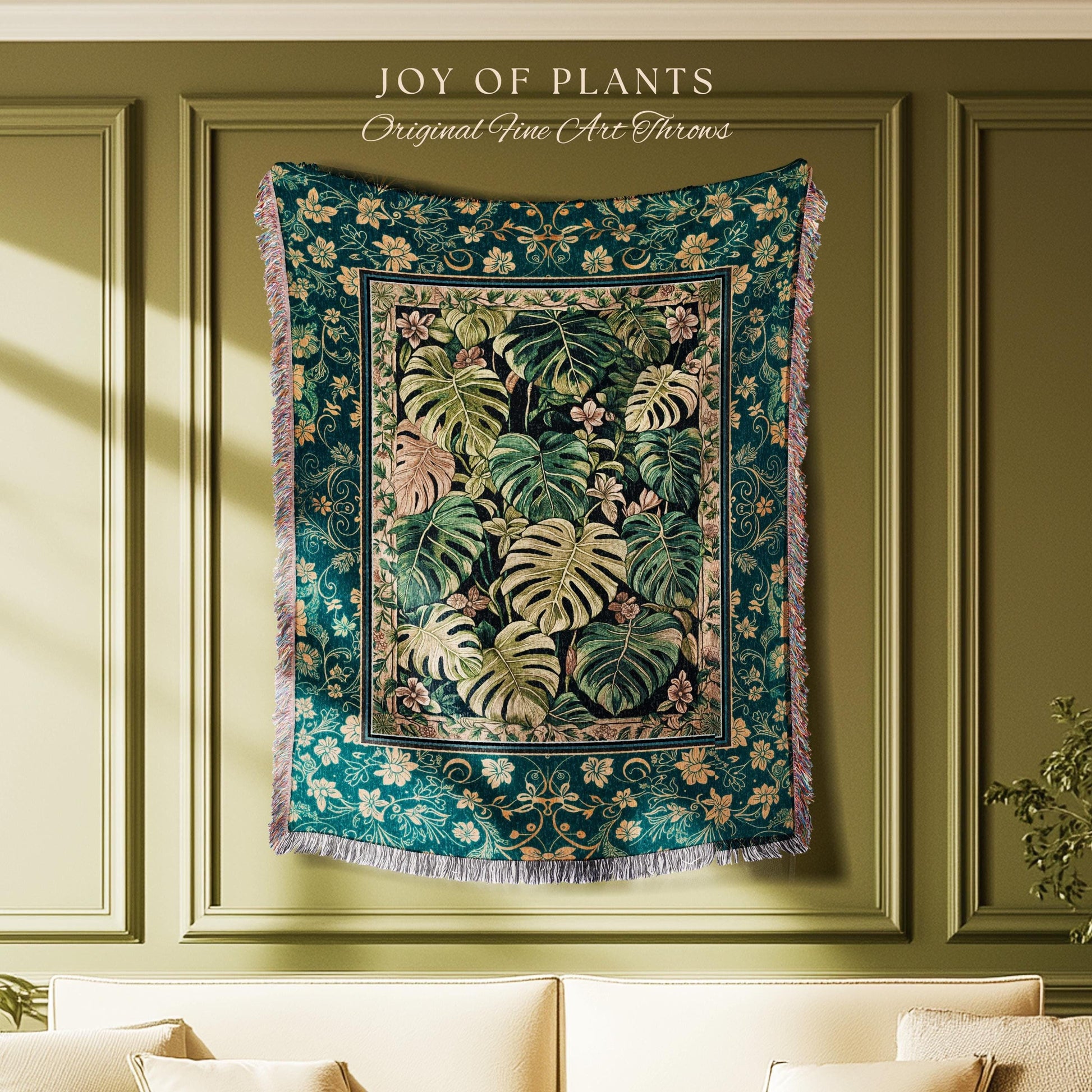 Cozy Plant Room Throw Blanket | Jungle Vibes Dark Academia Woven Tapestry Houseplant Lover Housewarming Gift Whimsigoth Eclectic Bedroom |