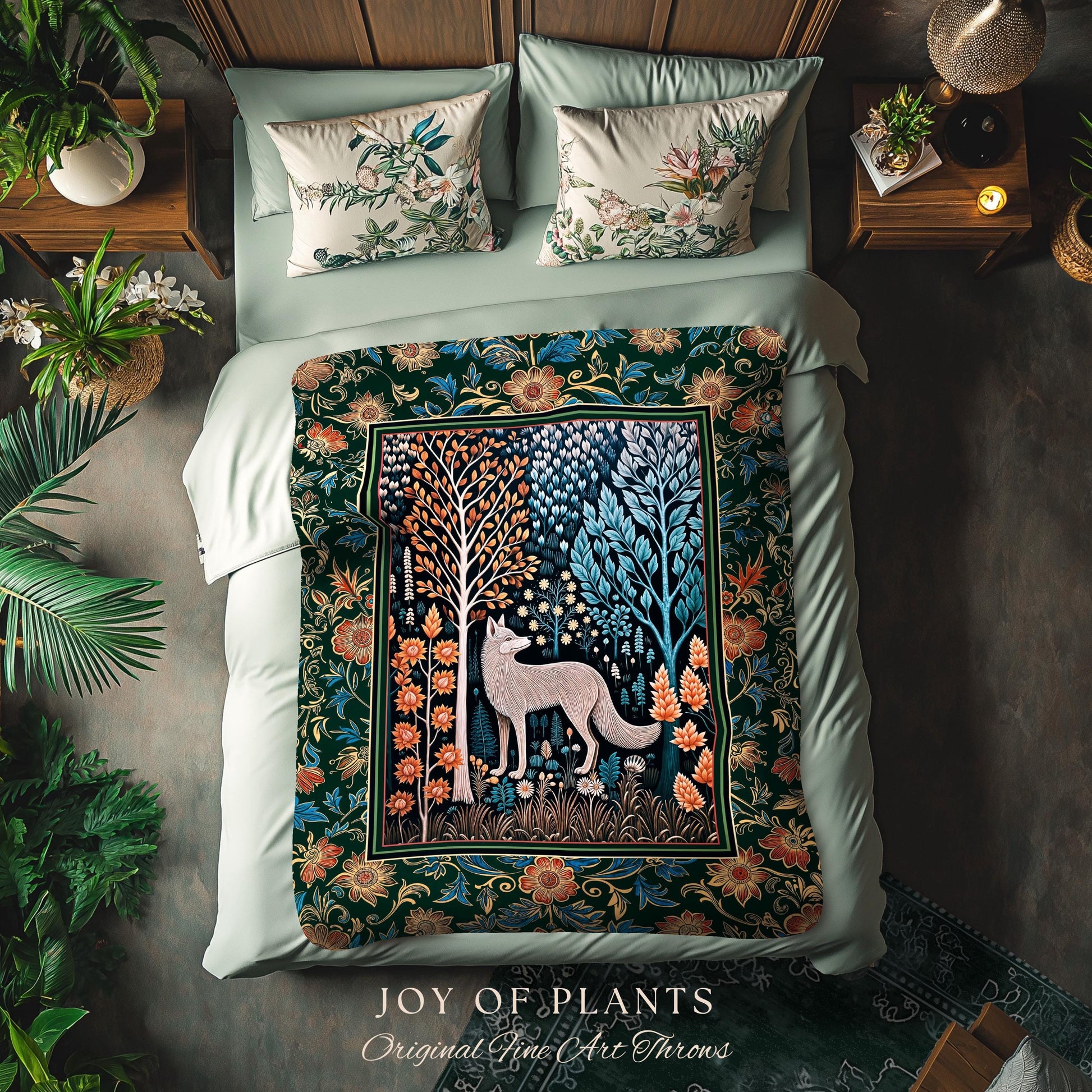 Playful Forest Boho Whimsical Tapestry | Scandinavian Woodland Wolf Boho Fairytale Danish Cottagecore Aesthetic Bohemian Throw Blanket Cozy