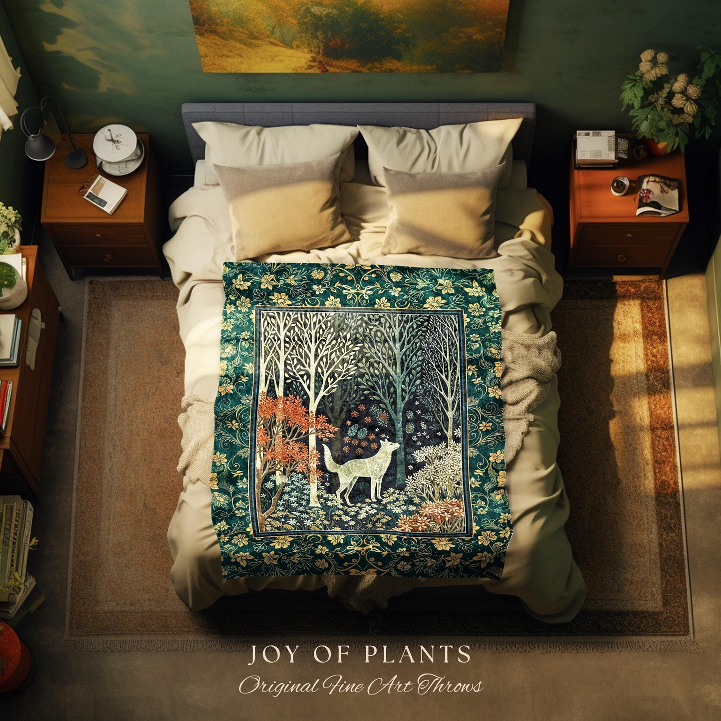 Rustic Nordic Nature Wolf Tapestry | Colorful Folklore Woven Throw Blanket Cottagecore Aesthetic Cute Boho Nursery Pastel Whimsical Woodland