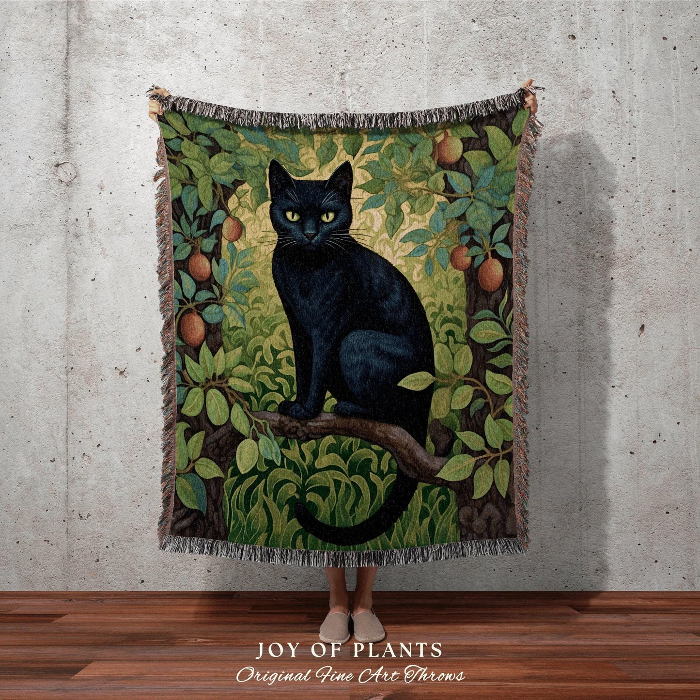Maximalist Black Cat Throw Blanket | Cat Lover Blanket Gift Decor William Morris Inspired Bedroom Tapestry Woven Botanical Minky Cottagecore