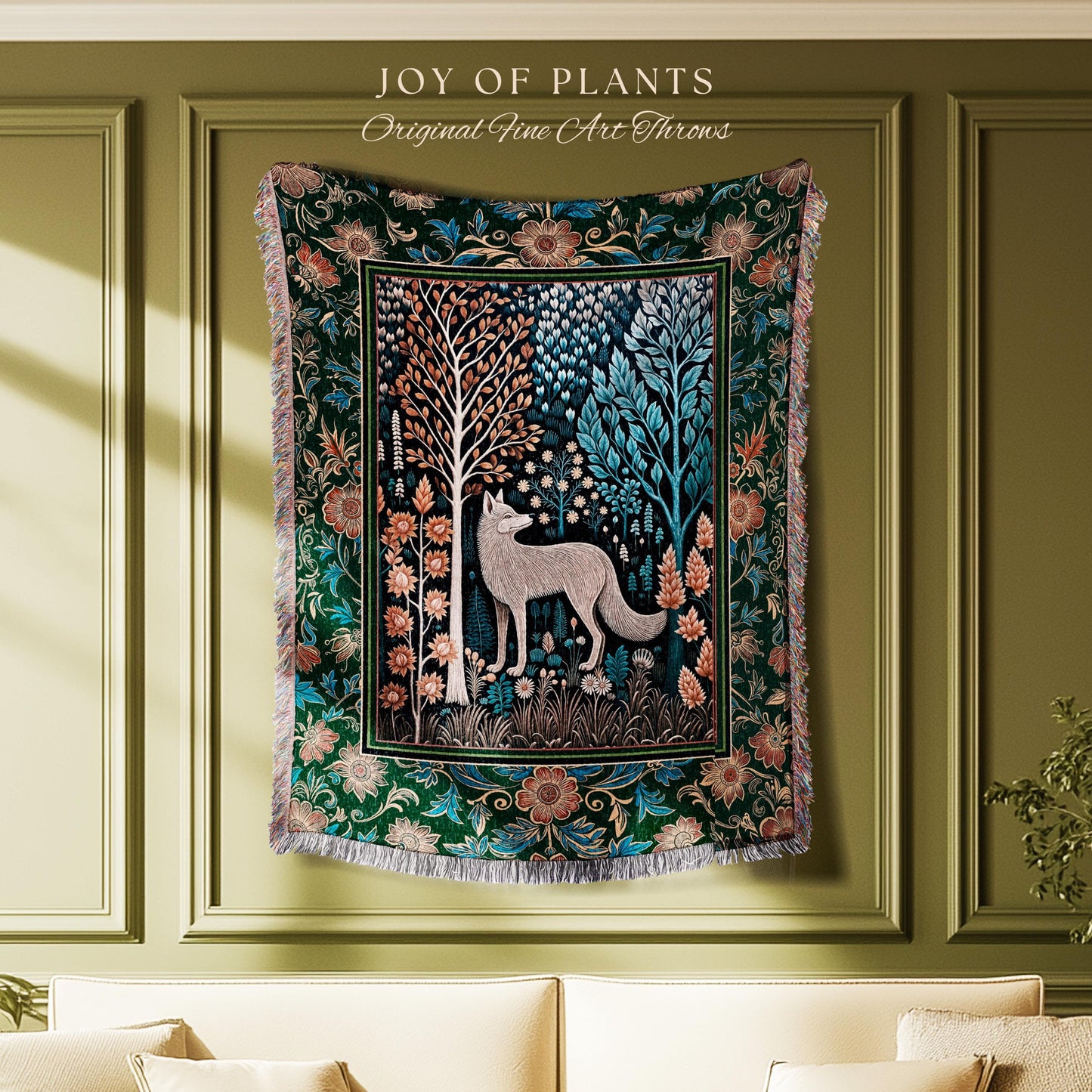 Playful Forest Boho Whimsical Tapestry | Scandinavian Woodland Wolf Boho Fairytale Danish Cottagecore Aesthetic Bohemian Throw Blanket Cozy