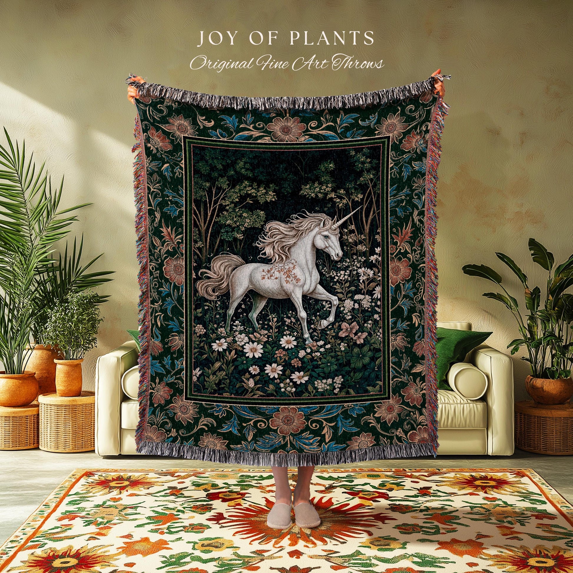 Storybook Aesthetic Mystic Unicorn Blanket | Colorful Maximalist Woven Tapestry Whimsical Victorian Fairycore Ethereal Medieval Woodland |