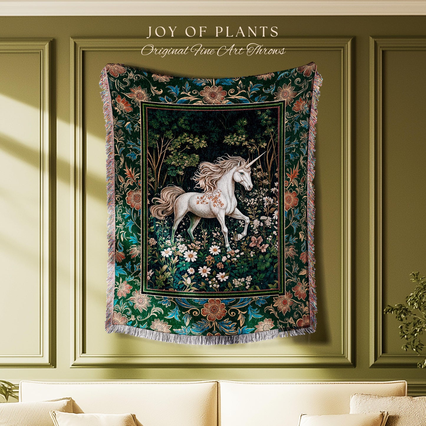 Storybook Aesthetic Mystic Unicorn Blanket | Colorful Maximalist Woven Tapestry Whimsical Victorian Fairycore Ethereal Medieval Woodland |