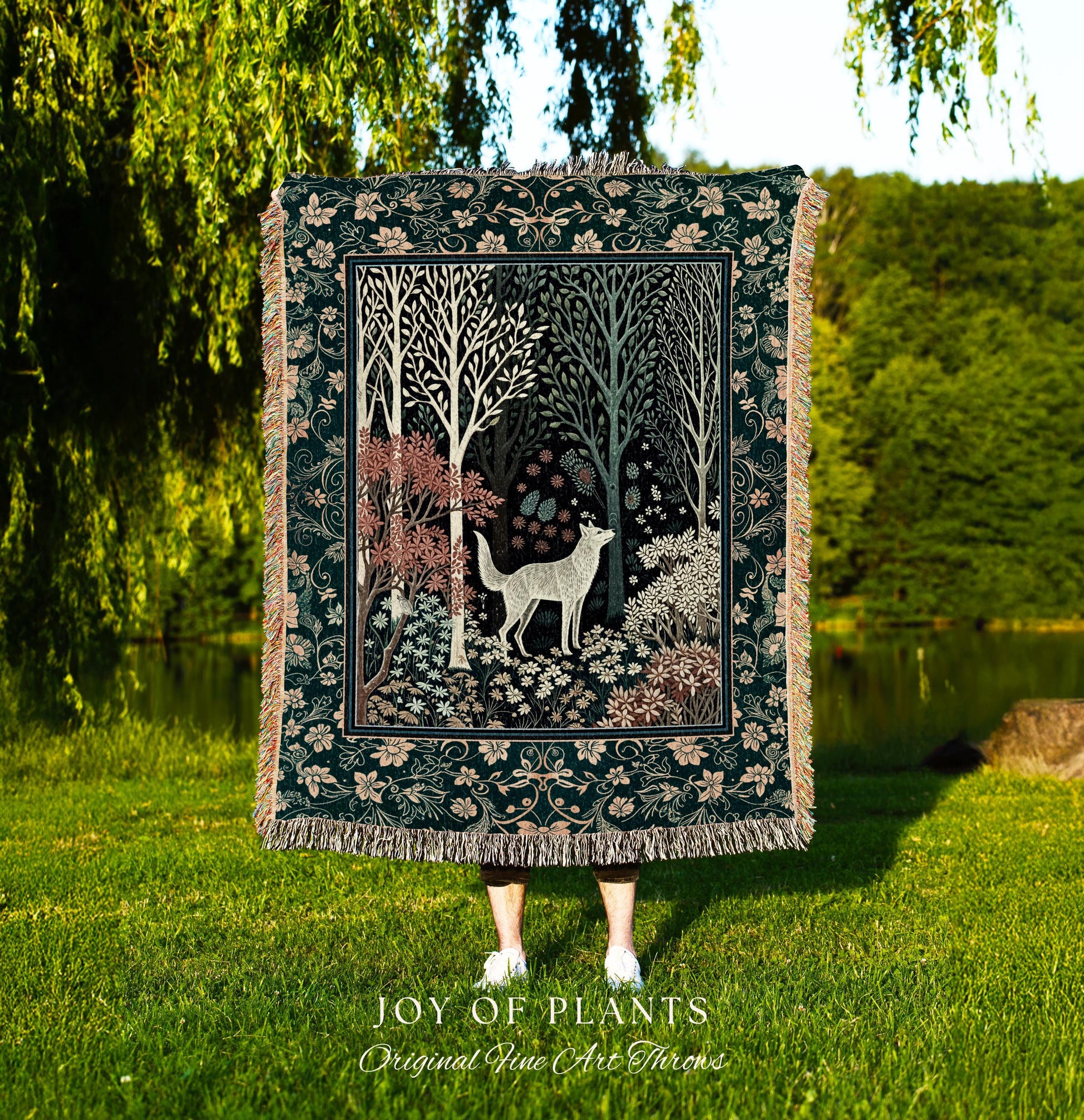 Rustic Nordic Nature Wolf Tapestry | Colorful Folklore Woven Throw Blanket Cottagecore Aesthetic Cute Boho Nursery Pastel Whimsical Woodland