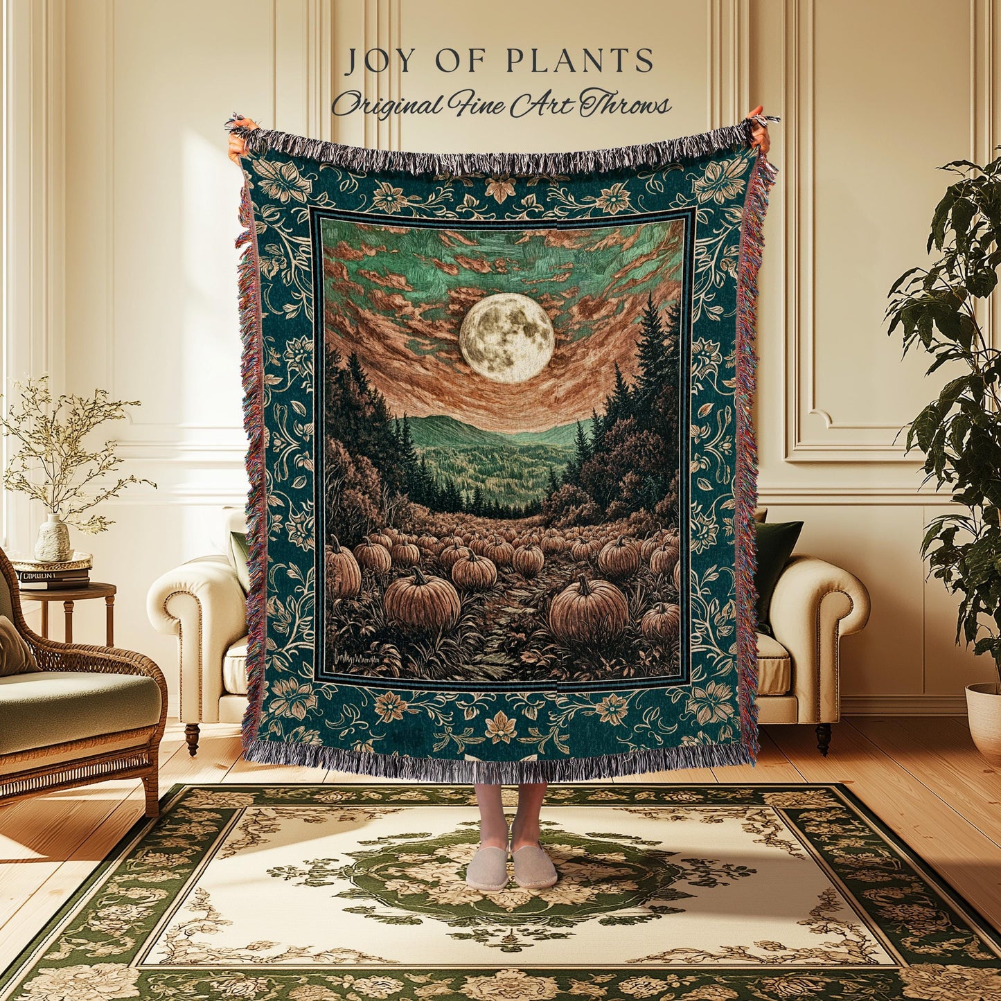 Moody Gothic Halloween Woven Blanket | Whimsical Fall Pumpkin Decor Full Moon Dark Academia Spooky Throw Rustic Autumn Accent Tapestry Art