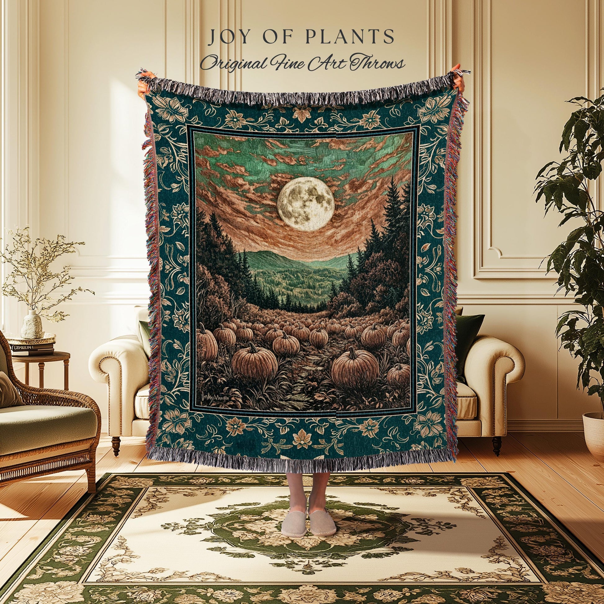 Moody Gothic Halloween Woven Blanket | Whimsical Fall Pumpkin Decor Full Moon Dark Academia Spooky Throw Rustic Autumn Accent Tapestry Art