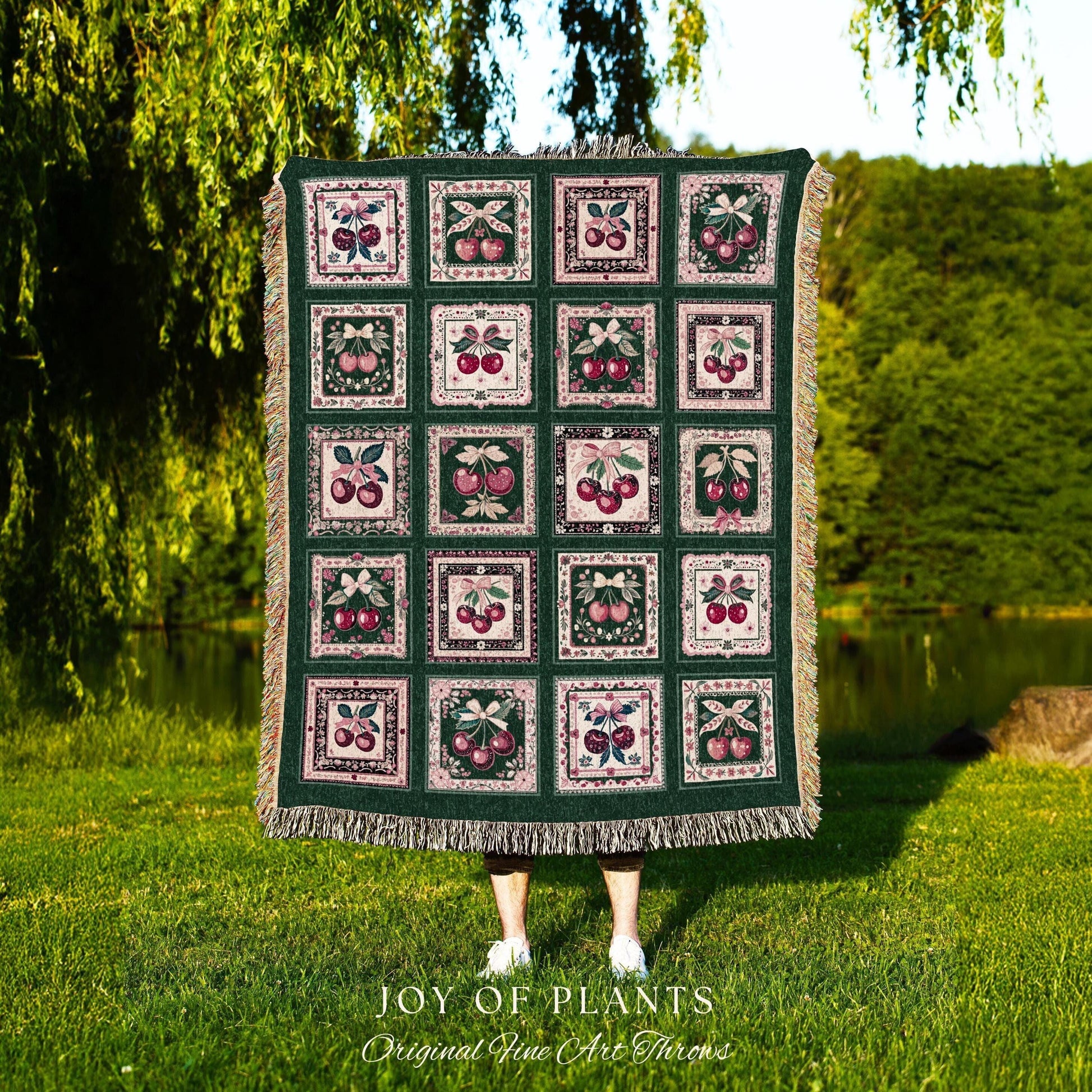 Retro Cherry Blanket Woven Throw | Girly Aesthetics Cottagecore Farmhouse Wall Tapestry Coquette Sweetheart Maximalist Decoration Vintage |