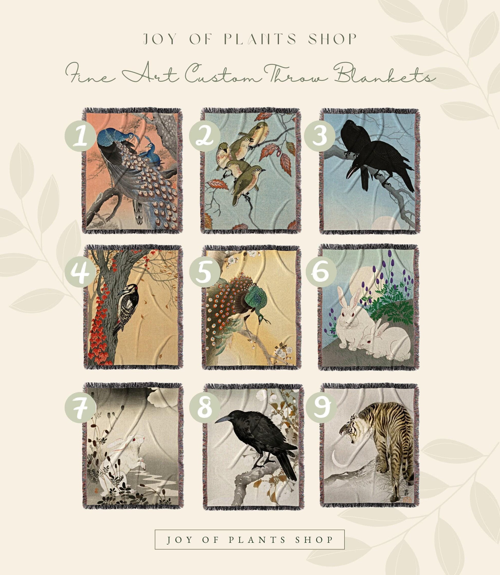 Rabbit Blanket Woven Thorw Blanket | Vintage Japanese Art Tapestry | Japanese Rabbit Art Blanket | Ohara Koson Art Print Woven Blanket