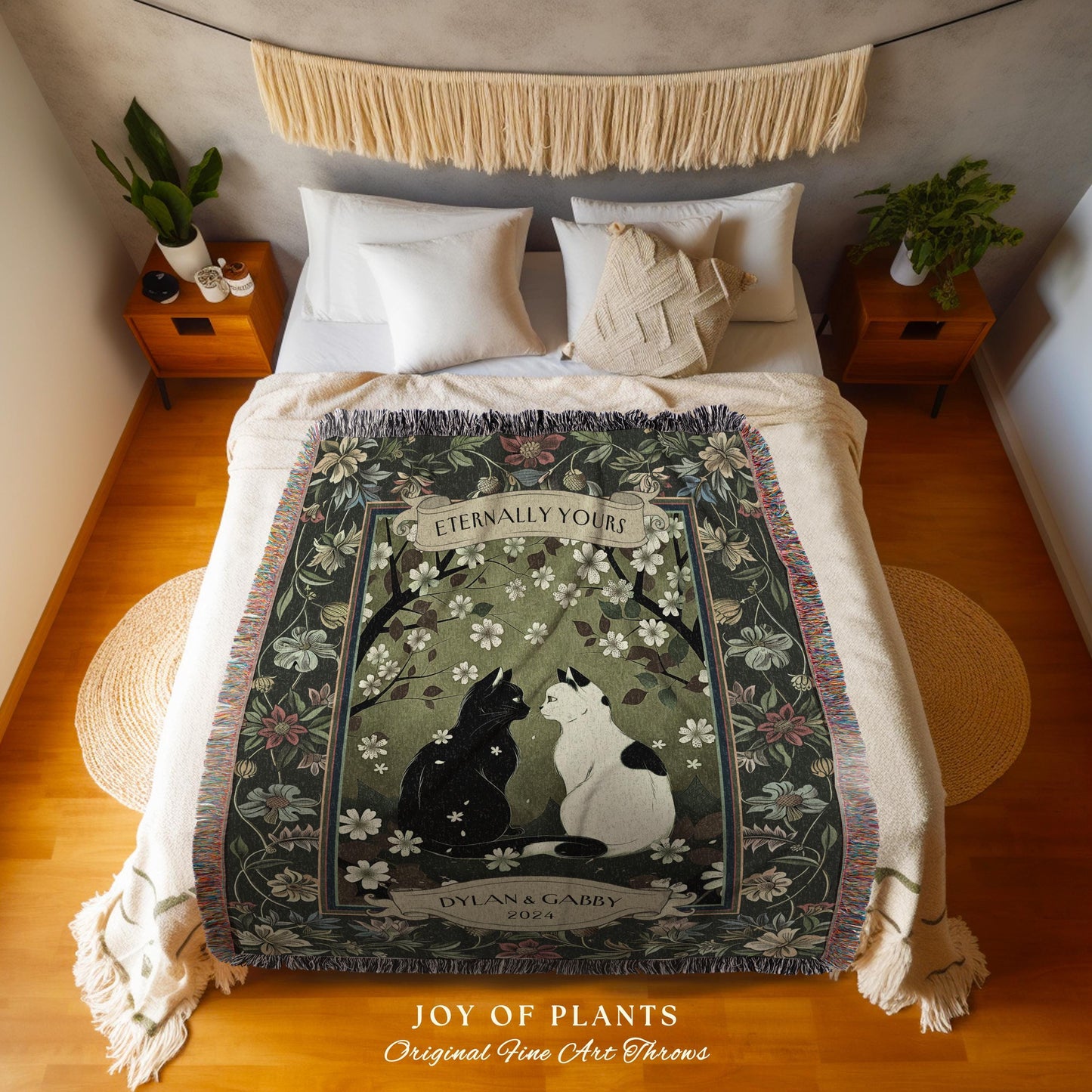 Fairytale Lovers Cat Couple Blanket Custom | Whimsical Woodland Aesthetic Woven Throw Custom His & Hers Dark Academia Gift for Girlfriend |