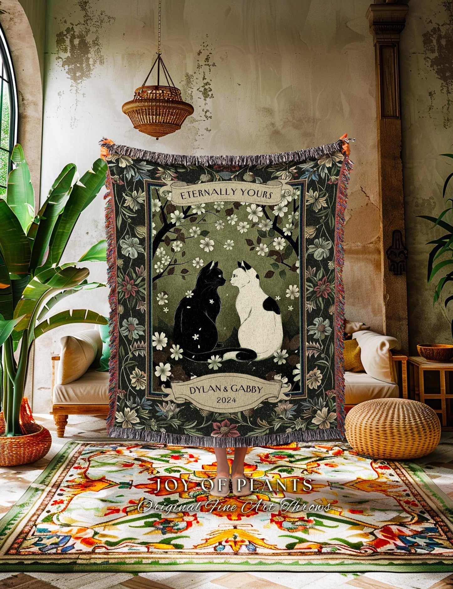 Fairytale Lovers Cat Couple Blanket Custom | Whimsical Woodland Aesthetic Woven Throw Custom His & Hers Dark Academia Gift for Girlfriend |