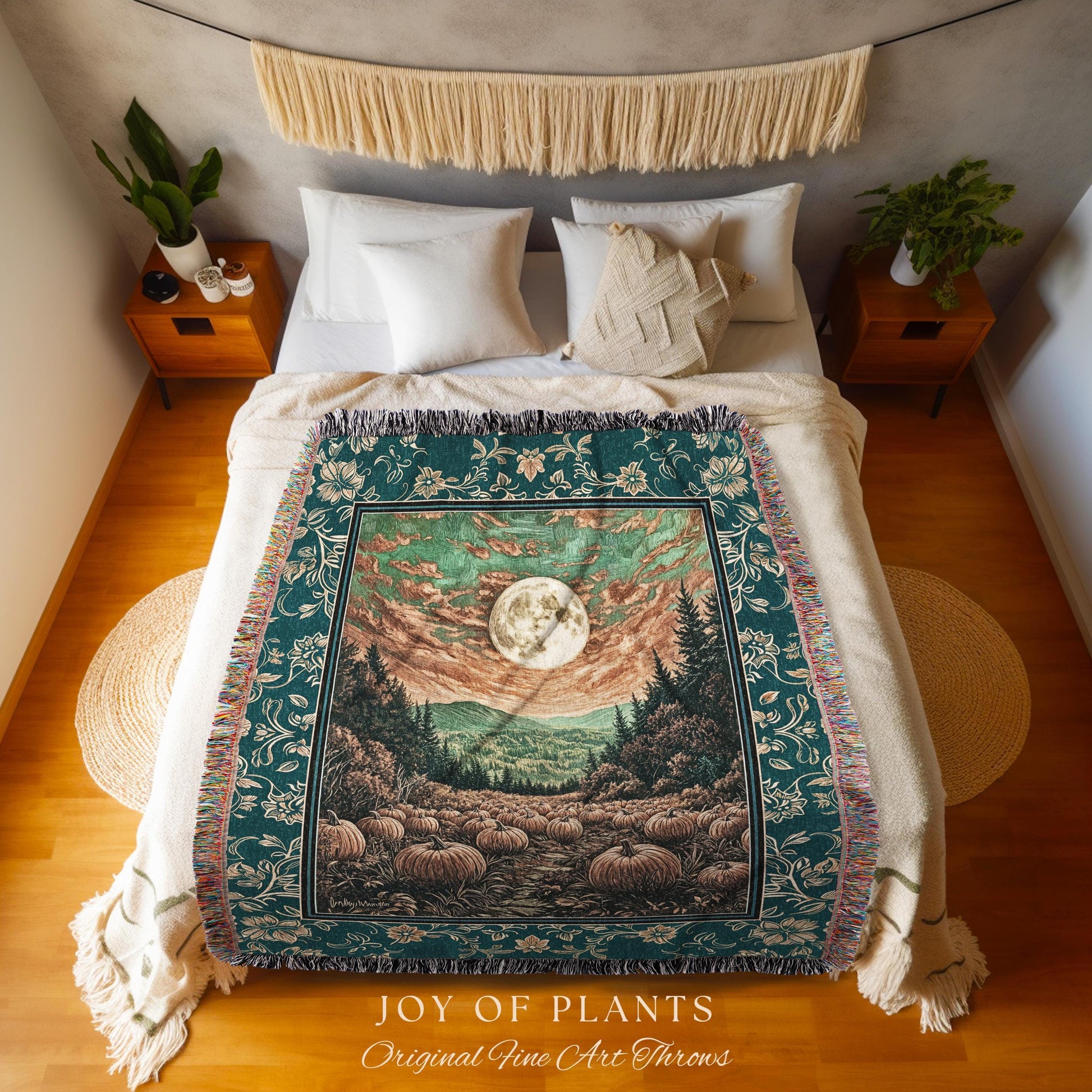 Moody Gothic Halloween Woven Blanket | Whimsical Fall Pumpkin Decor Full Moon Dark Academia Spooky Throw Rustic Autumn Accent Tapestry Art