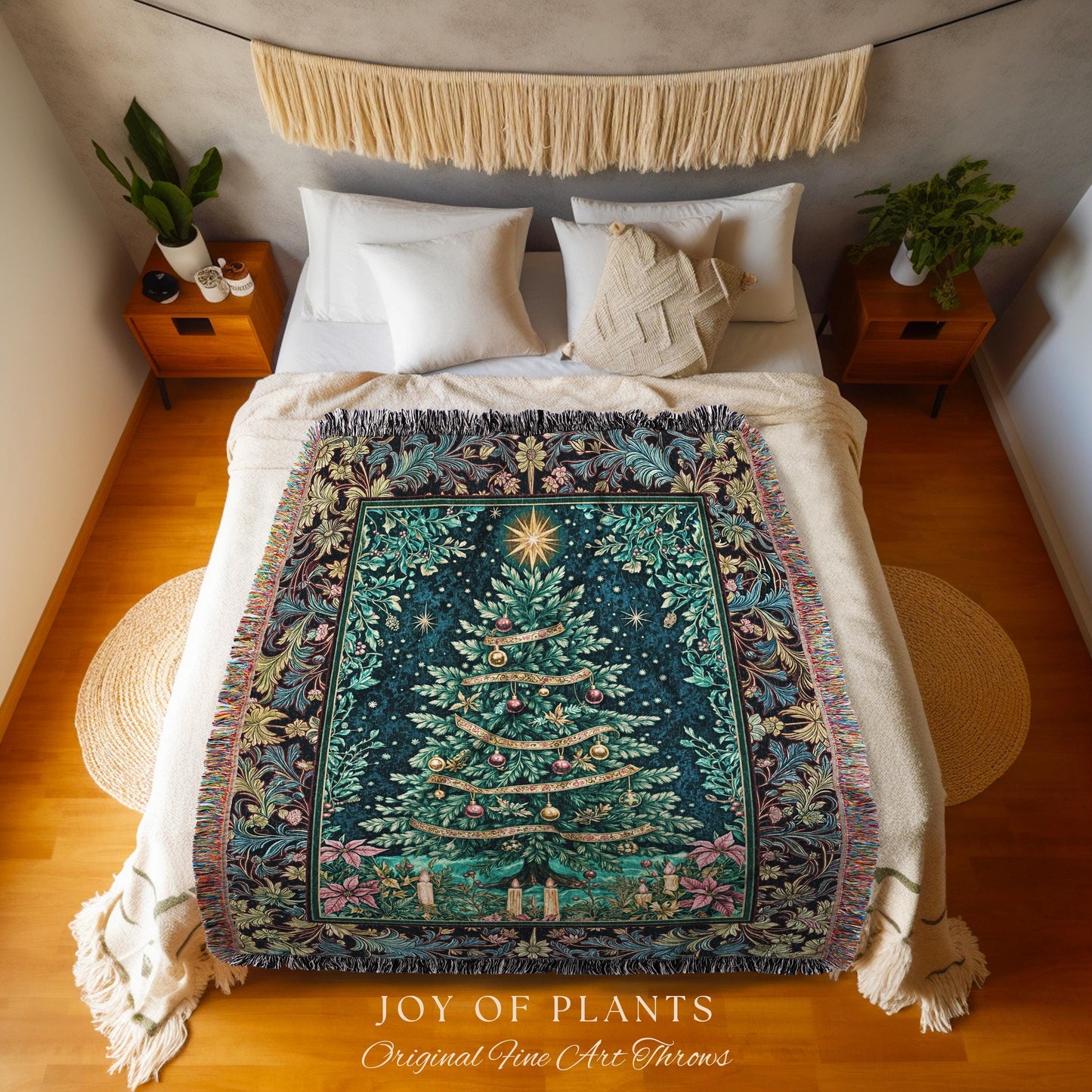 Candlelight Christmas Holiday Blanket | Rustic Woven Tapestry Cozy Winter Decor Red Gold Ornaments Cottagecore Vintage Nostalgic Xmas Style