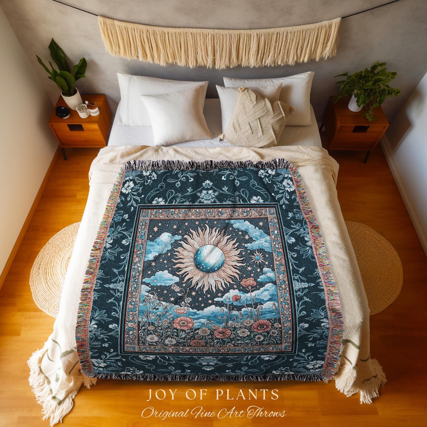 Retro Astrology Throw Blanket | Whimsigothic Bedroom Maximalist Hippie Bedroom Floral Woven Tapestry Psychedelic Cottagecore Ethereal Bed |