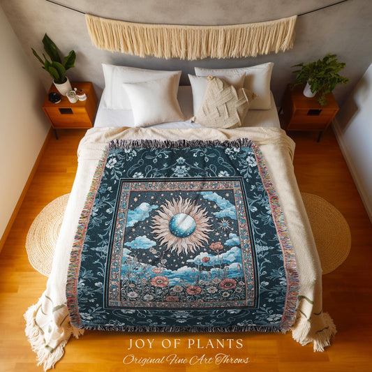 Retro Astrology Throw Blanket | Whimsigothic Bedroom Maximalist Hippie Bedroom Floral Woven Tapestry Psychedelic Cottagecore Ethereal Bed |