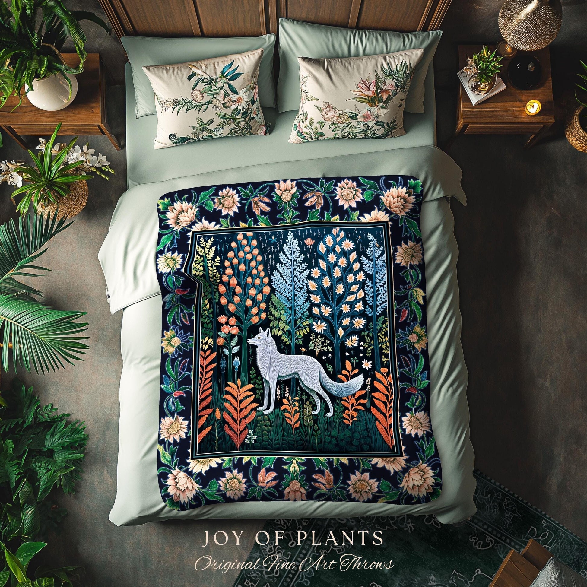 Floral Woodland Cozy Boho Blanket | Cabincore Indie Aesthetic Folklore Cute Wolf Nursery Fairytale Danish Pastel Cottagecore Whimsical |