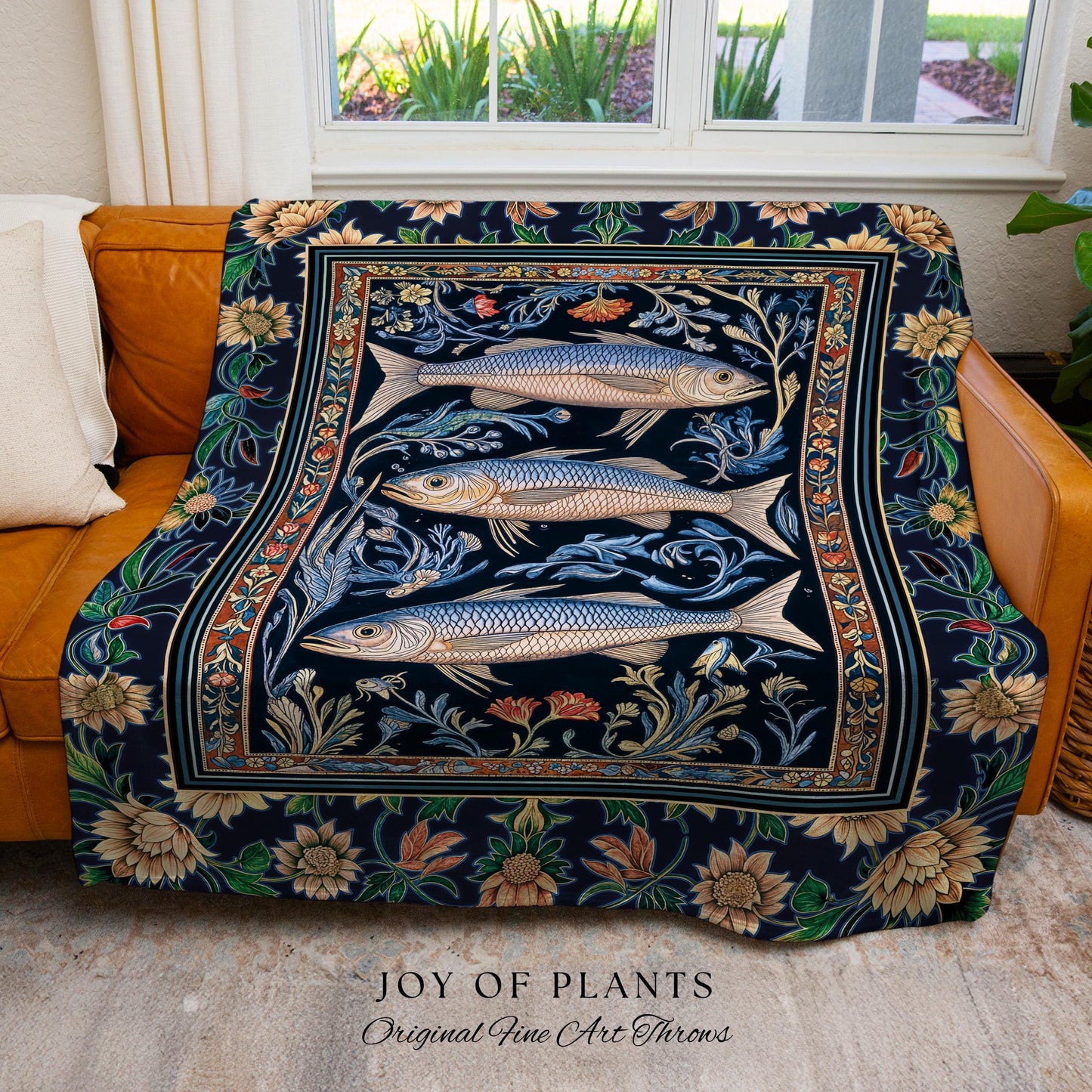 Botanical Marine Life Woven Throw Blanket | Coastal Aesthetic Beachy Whimsical Sardine Tapestry Nautical Lake House Decor Eclectic Floral |