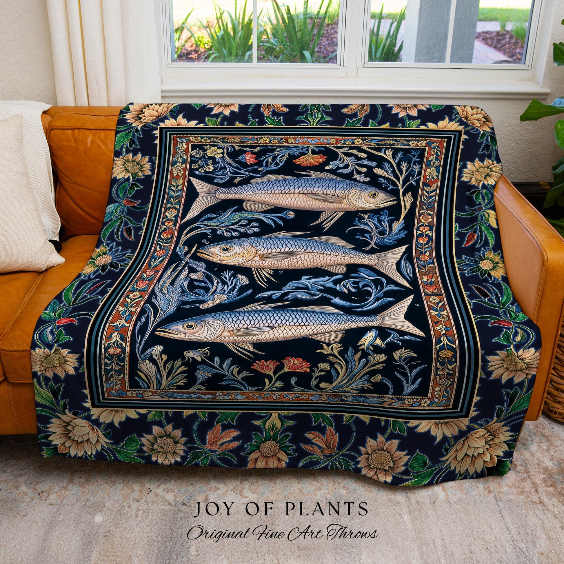 Botanical Marine Life Woven Throw Blanket | Coastal Aesthetic Beachy Whimsical Sardine Tapestry Nautical Lake House Decor Eclectic Floral |
