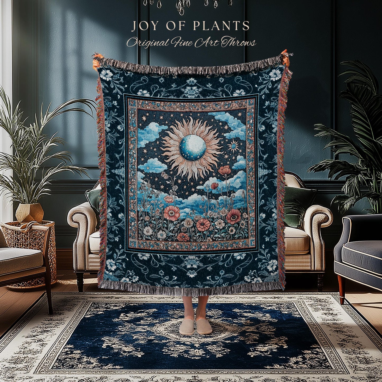 Retro Astrology Throw Blanket | Whimsigothic Bedroom Maximalist Hippie Bedroom Floral Woven Tapestry Psychedelic Cottagecore Ethereal Bed |