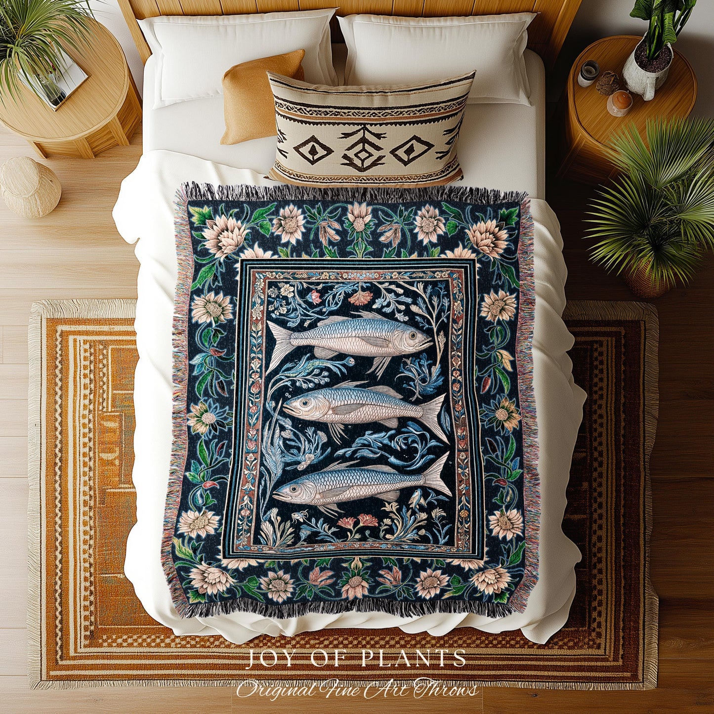 Botanical Marine Life Woven Throw Blanket | Coastal Aesthetic Beachy Whimsical Sardine Tapestry Nautical Lake House Decor Eclectic Floral |