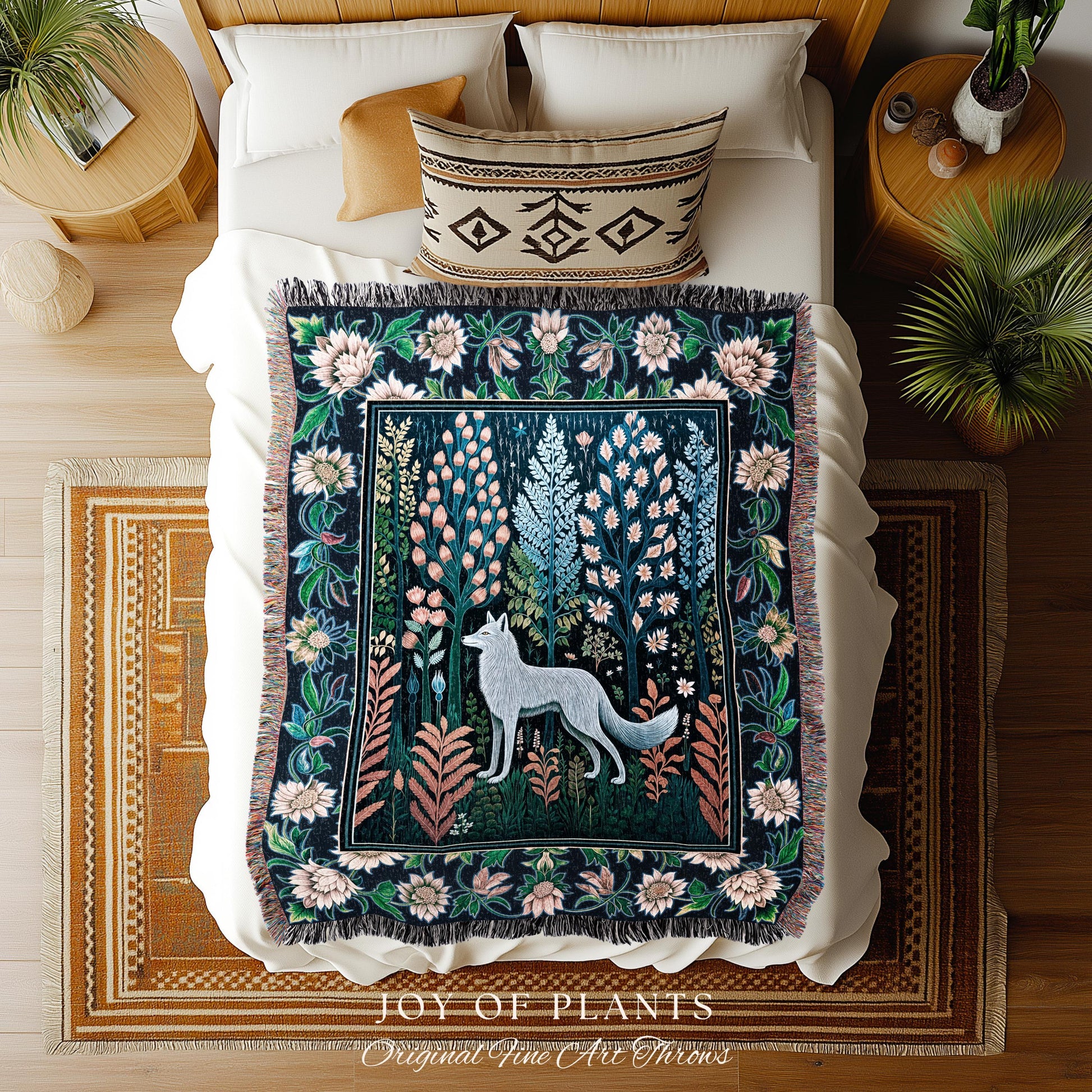 Floral Woodland Cozy Boho Blanket | Cabincore Indie Aesthetic Folklore Cute Wolf Nursery Fairytale Danish Pastel Cottagecore Whimsical |