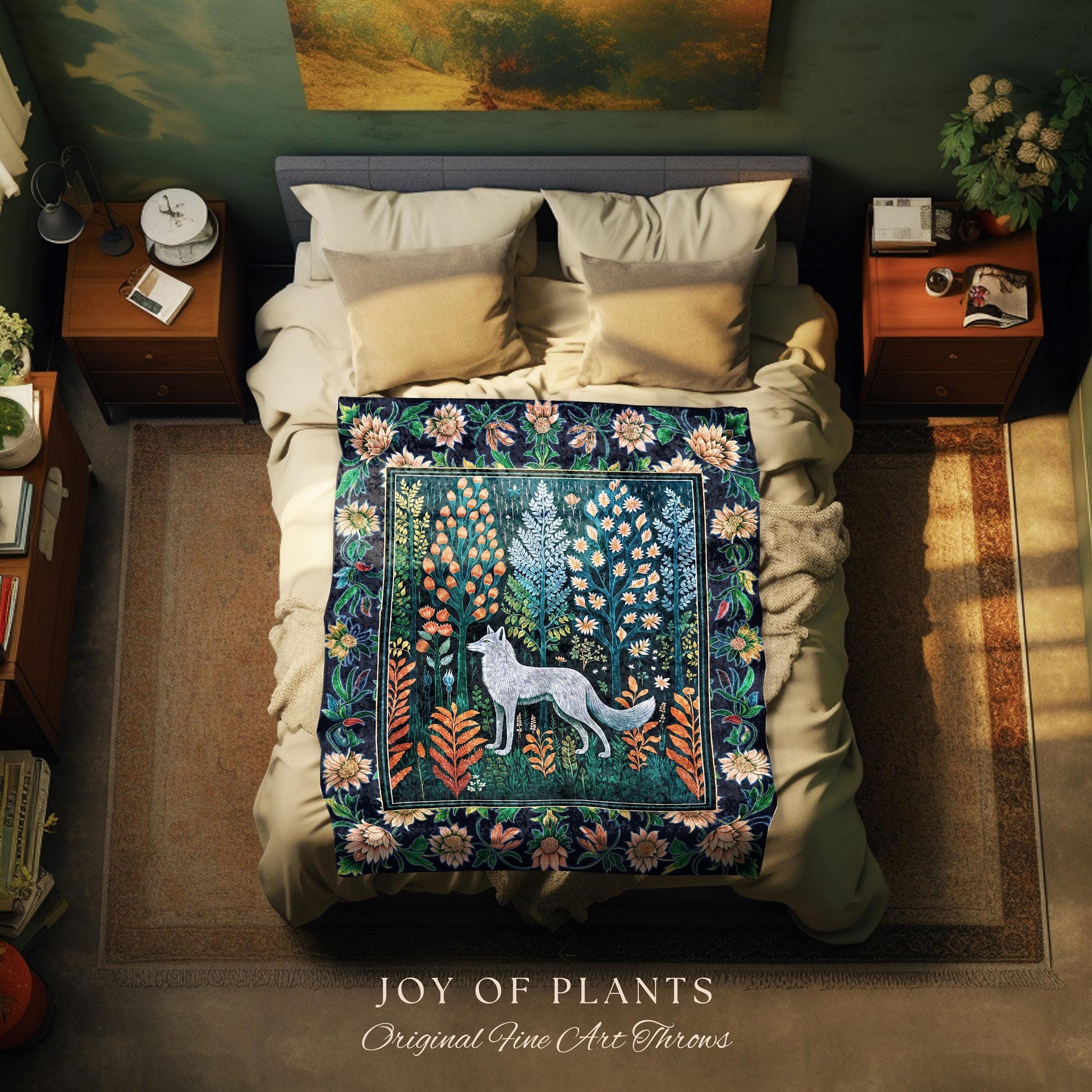 Floral Woodland Cozy Boho Blanket | Cabincore Indie Aesthetic Folklore Cute Wolf Nursery Fairytale Danish Pastel Cottagecore Whimsical |