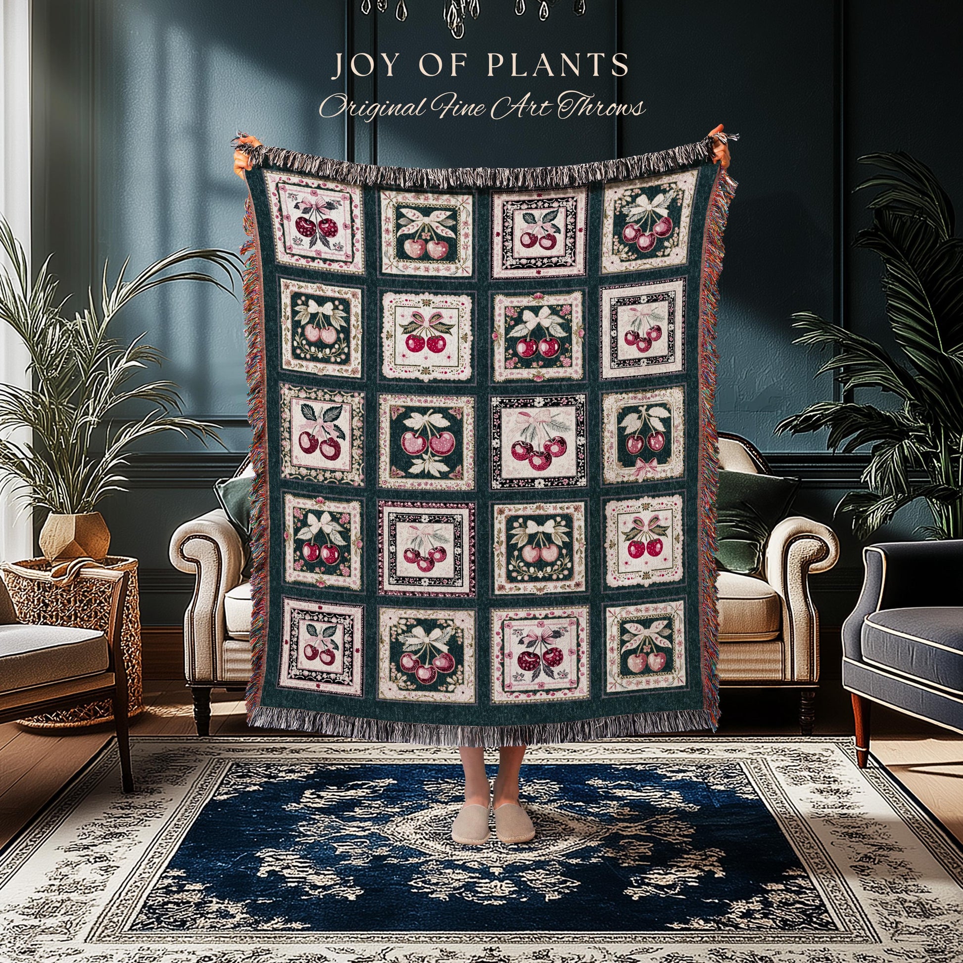 Cozy Coquette Cherry Blanket | Retro Checkered Print Cottagecore Coverlet Pink Farmhouse Wall Tapestry Sweetheart Throw Trendy Aesthetic |