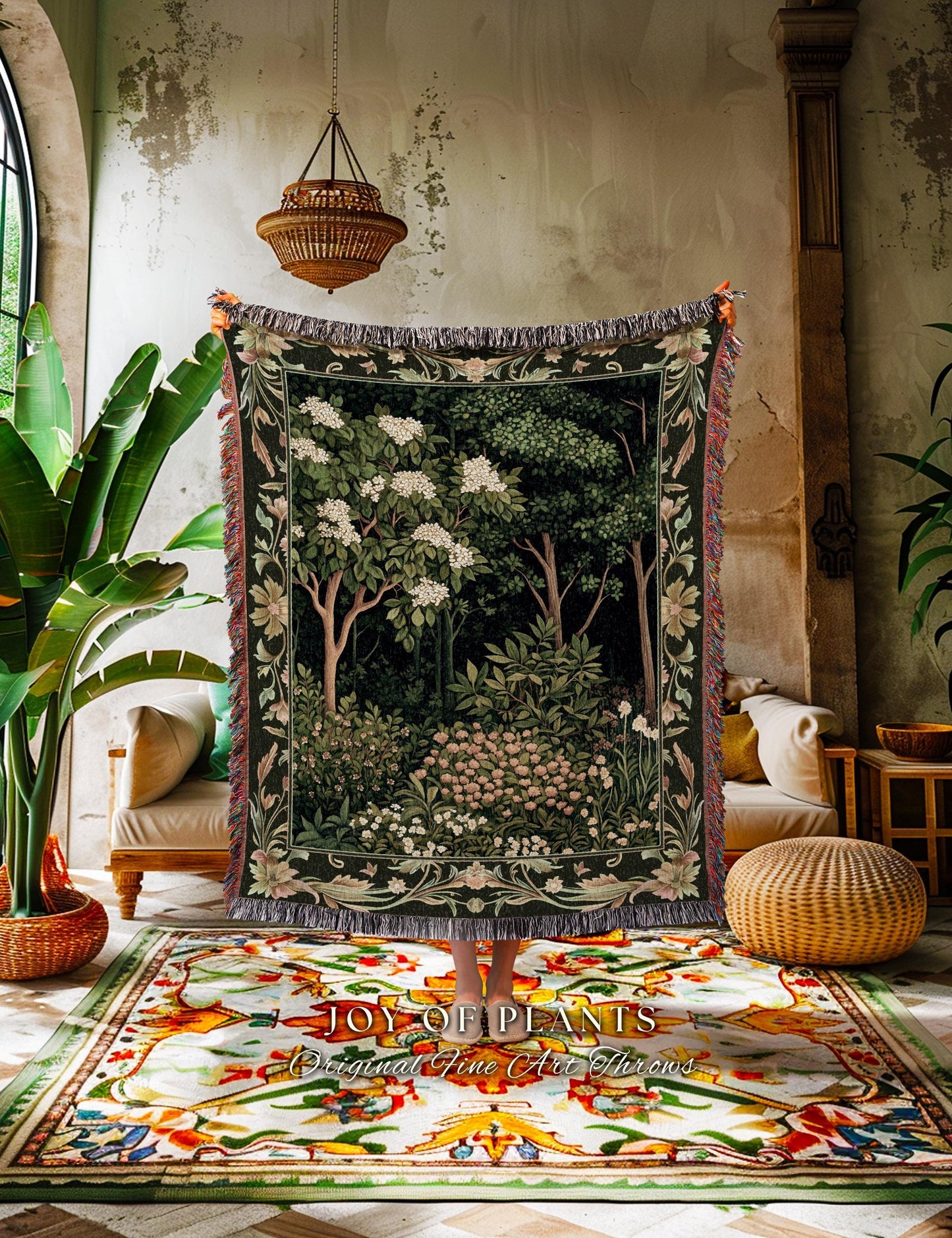 Emerald Green Medieval Tree Tapestry | Magical Woodland Cottagecore Aesthetic Nature Lover Book Nook Woven Blanket Olive Green Decor Boho |