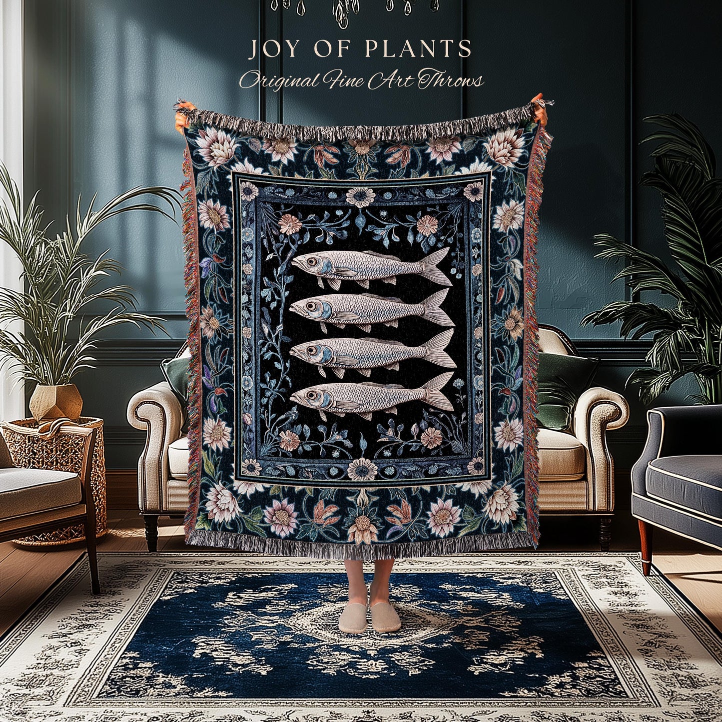 Midnight Purple Sardine Throw Blanket | Ethereal Botanical Beach House Woven Wall Tapestry Eclectic Marine Life Nautical Coastal Aesthetic |