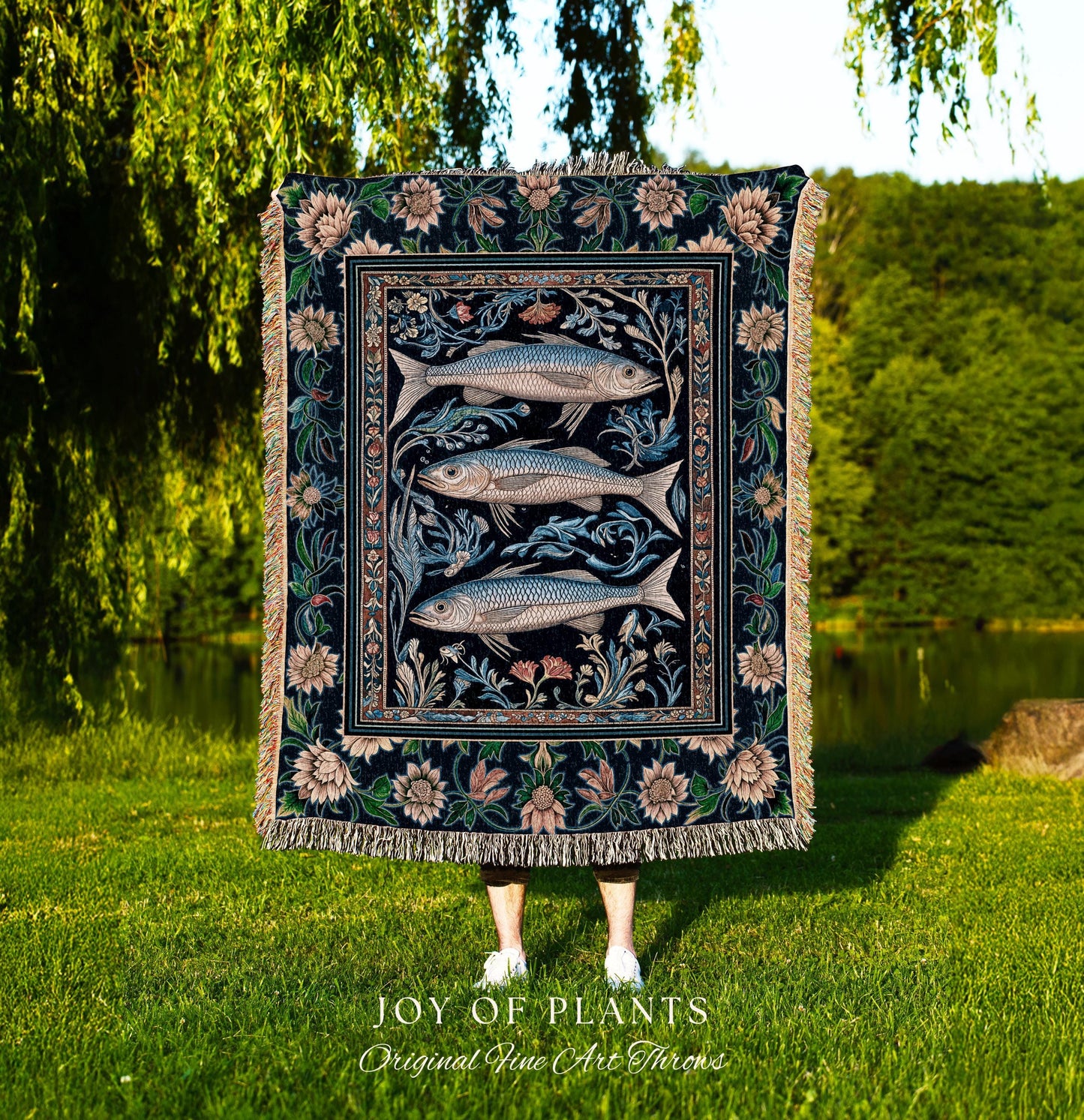 Botanical Marine Life Woven Throw Blanket | Coastal Aesthetic Beachy Whimsical Sardine Tapestry Nautical Lake House Decor Eclectic Floral |