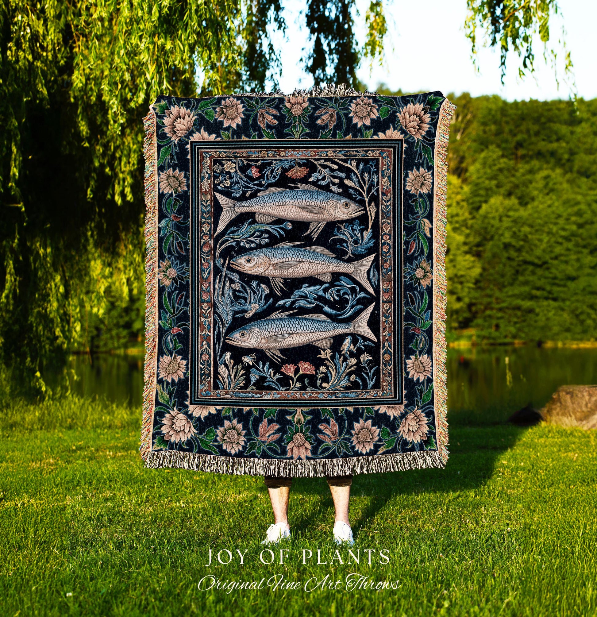 Botanical Marine Life Woven Throw Blanket | Coastal Aesthetic Beachy Whimsical Sardine Tapestry Nautical Lake House Decor Eclectic Floral |