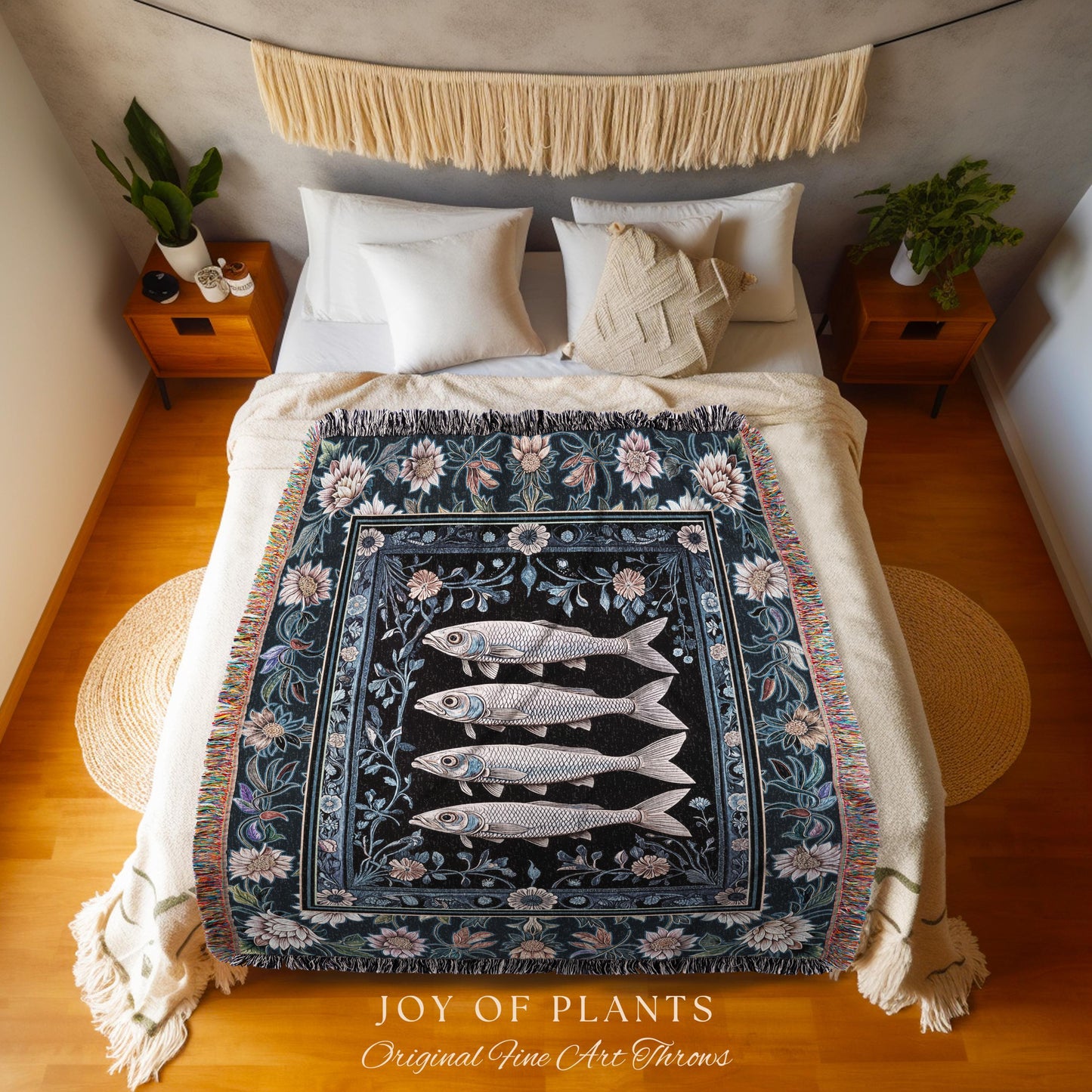Midnight Purple Sardine Throw Blanket | Ethereal Botanical Beach House Woven Wall Tapestry Eclectic Marine Life Nautical Coastal Aesthetic |