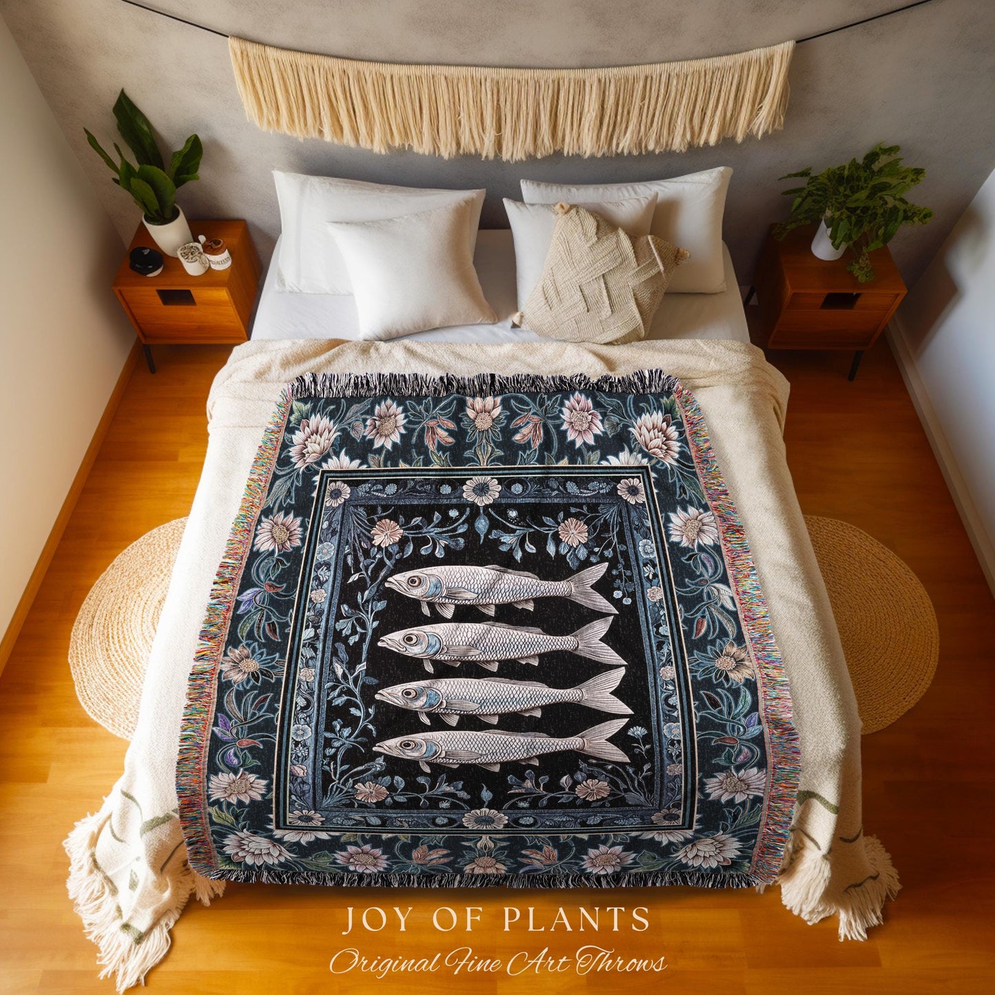 Midnight Purple Sardine Throw Blanket | Ethereal Botanical Beach House Woven Wall Tapestry Eclectic Marine Life Nautical Coastal Aesthetic |