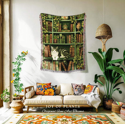 Vintage Green Cottagecore Botanical Cat Bookshelf Tapestry Throw Country Cottage Farmhouse Whimsy, Rustic Plant Lovers Bookish Cat Blanket