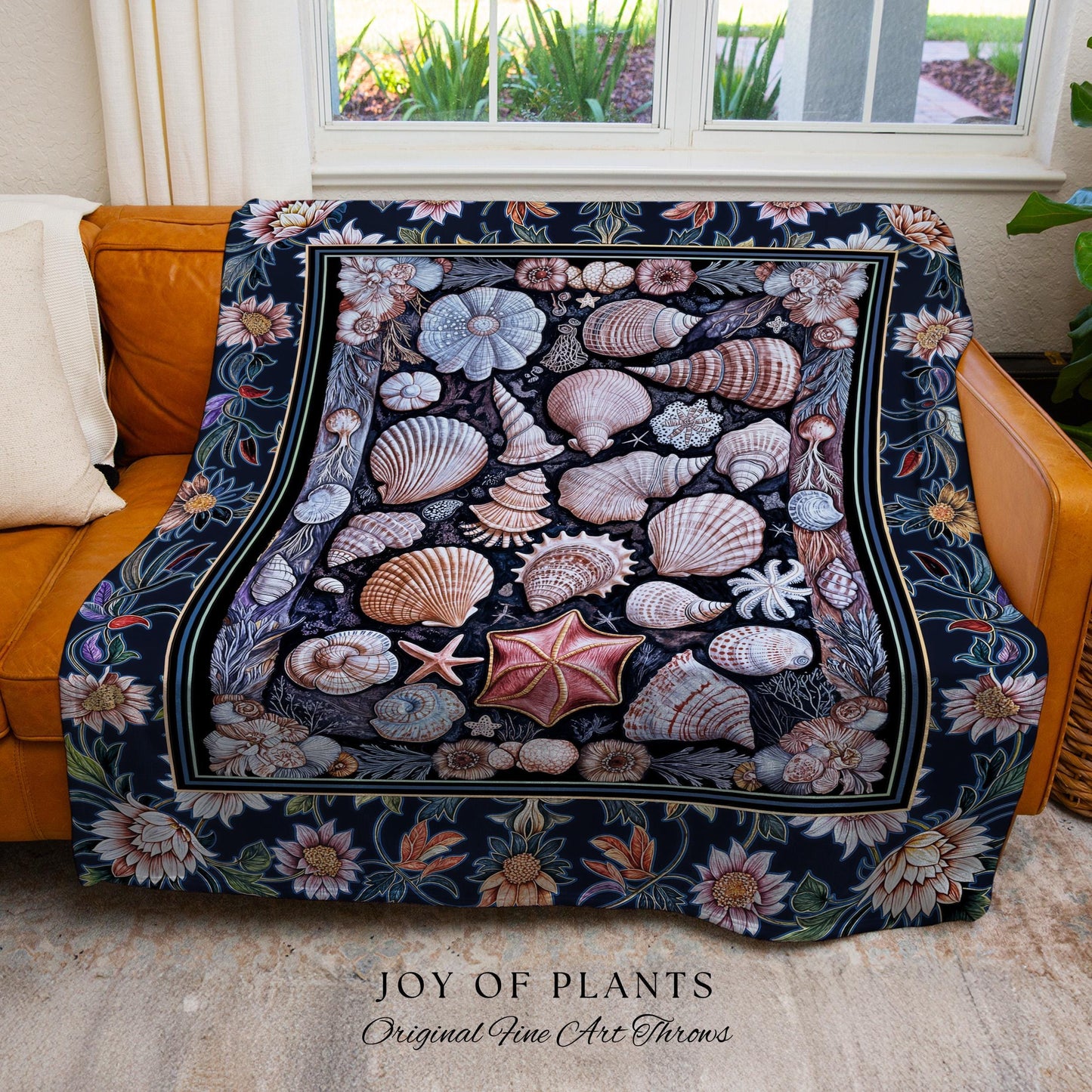 Coastal Pastel Seashell Woven Throw Blanket | Vintage Ocean Inspired Beach Accent Marine Life Wall Tapestry Summer Aesthetic Mermaid Decor |