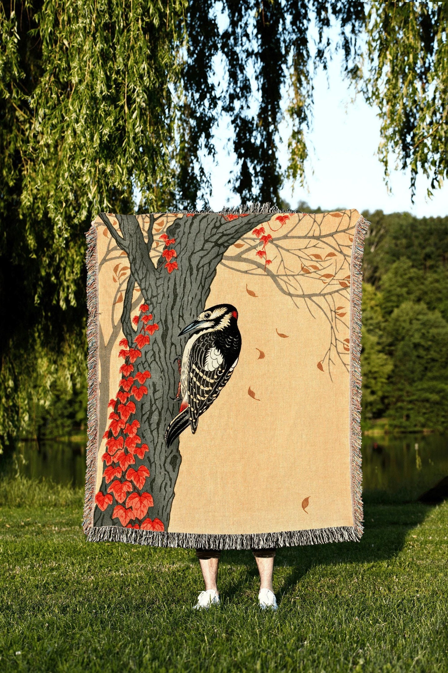 Japanese Woodpecker Painting Vintage Woven Tapestry | Ohara Koson Art Print | Custom Woven Throw Blanket | Tapestry Japanese Traditional Art