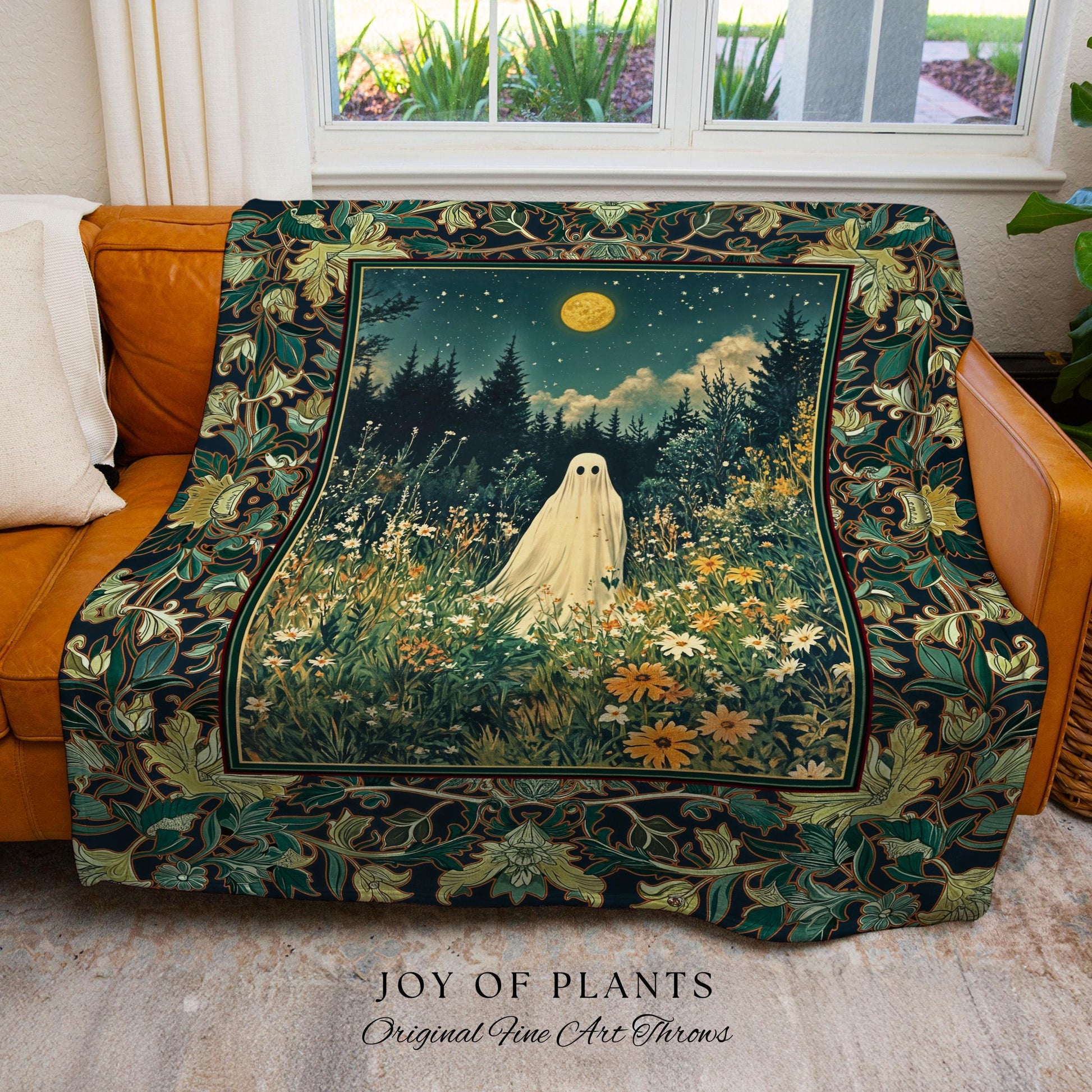 Golden Harvest Moon Ghost Blanket | Spooky Vibes Halloween Aesthetic Cute Decor Wildflower Woven Throw Cozy Fall Accent Whimsical Botanical