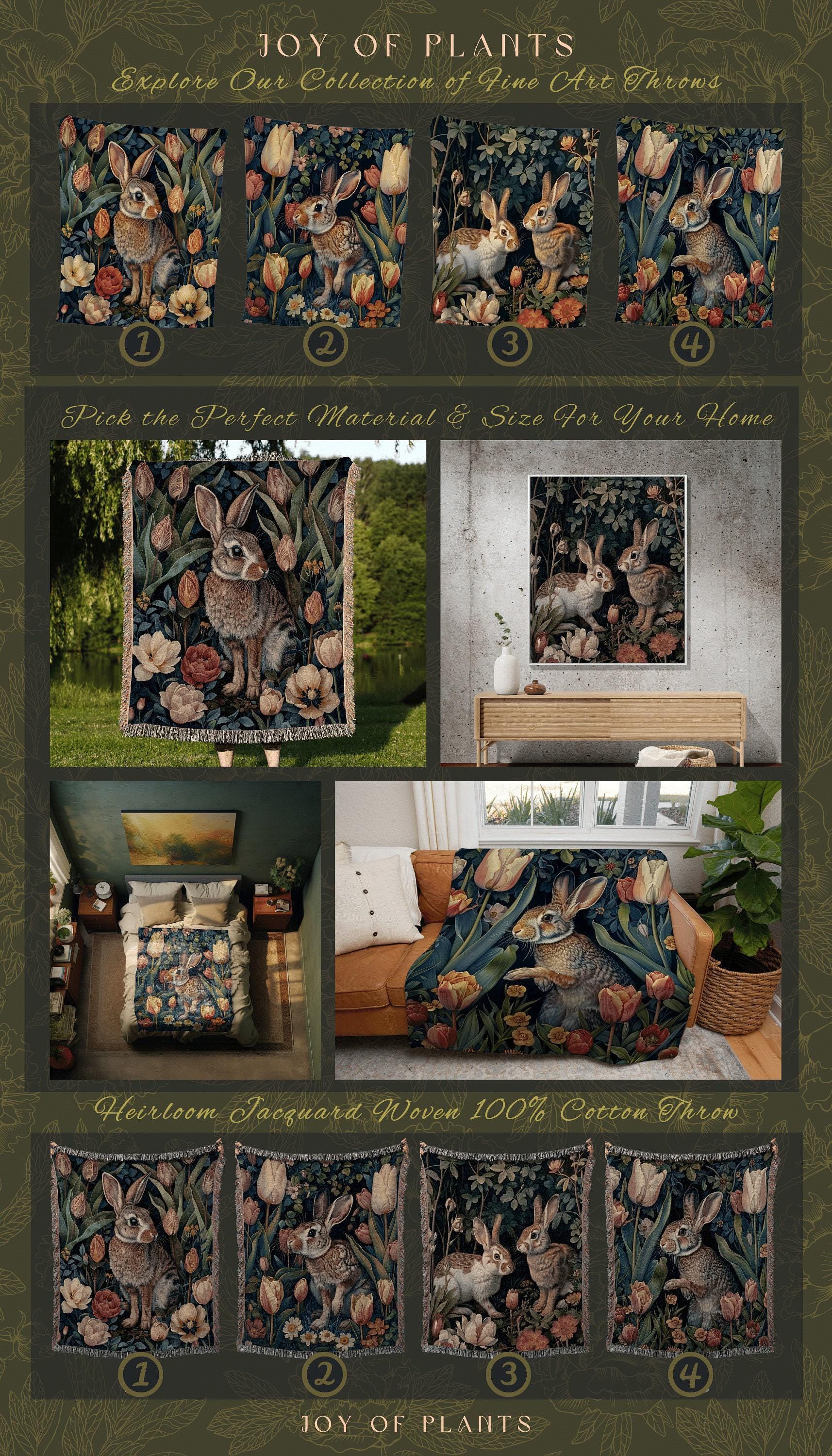 Dark Botanical Rabbit Blanket | Bunny Tapestry Boho Room Decor Woodland Aesthetic Dark Academia Throw Spring Wallhanging Woven Throw