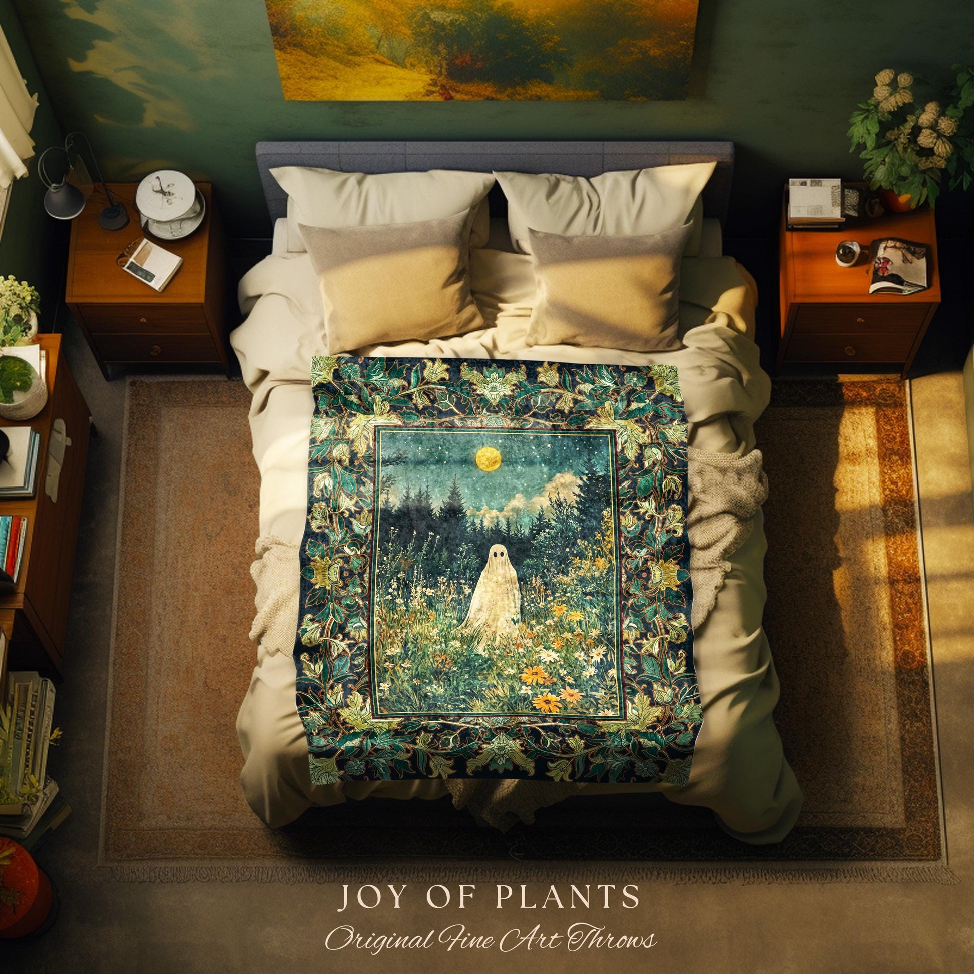 Golden Harvest Moon Ghost Blanket | Spooky Vibes Halloween Aesthetic Cute Decor Wildflower Woven Throw Cozy Fall Accent Whimsical Botanical