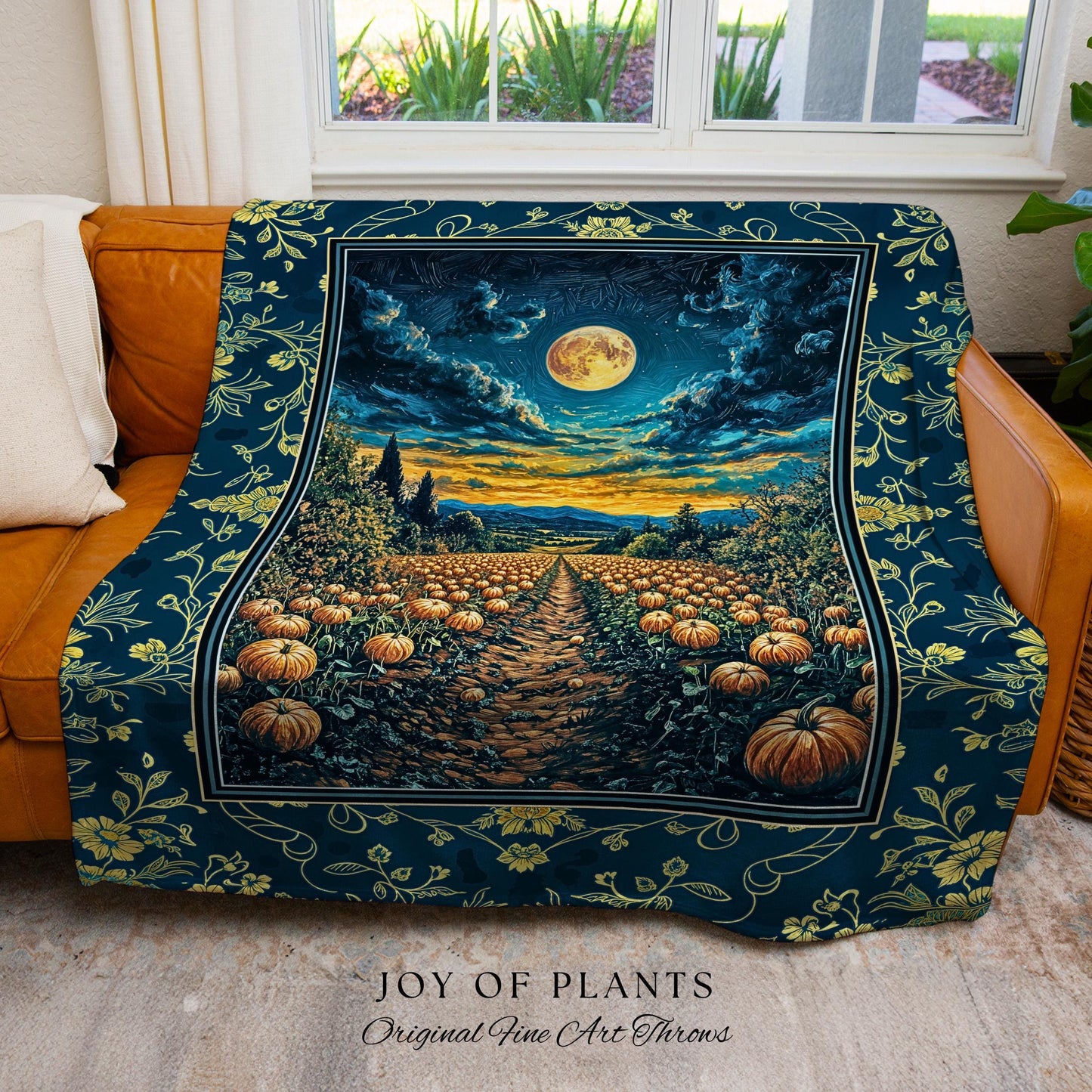 Dark Moody Harvest Moon Throw Blanket | Whimsigoth Dark Academia Vibe Pumpkin Patch Woven Tapestry Spooky Season Rustic Fall Decor Halloween