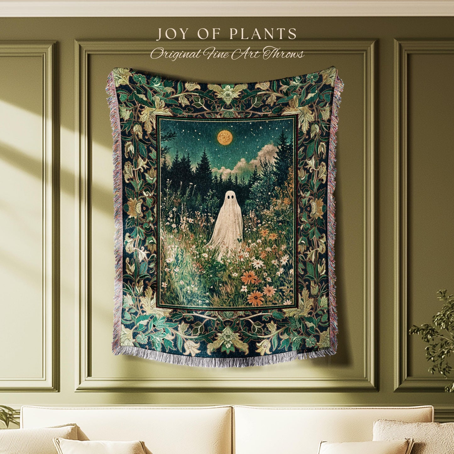 Golden Harvest Moon Ghost Blanket | Spooky Vibes Halloween Aesthetic Cute Decor Wildflower Woven Throw Cozy Fall Accent Whimsical Botanical