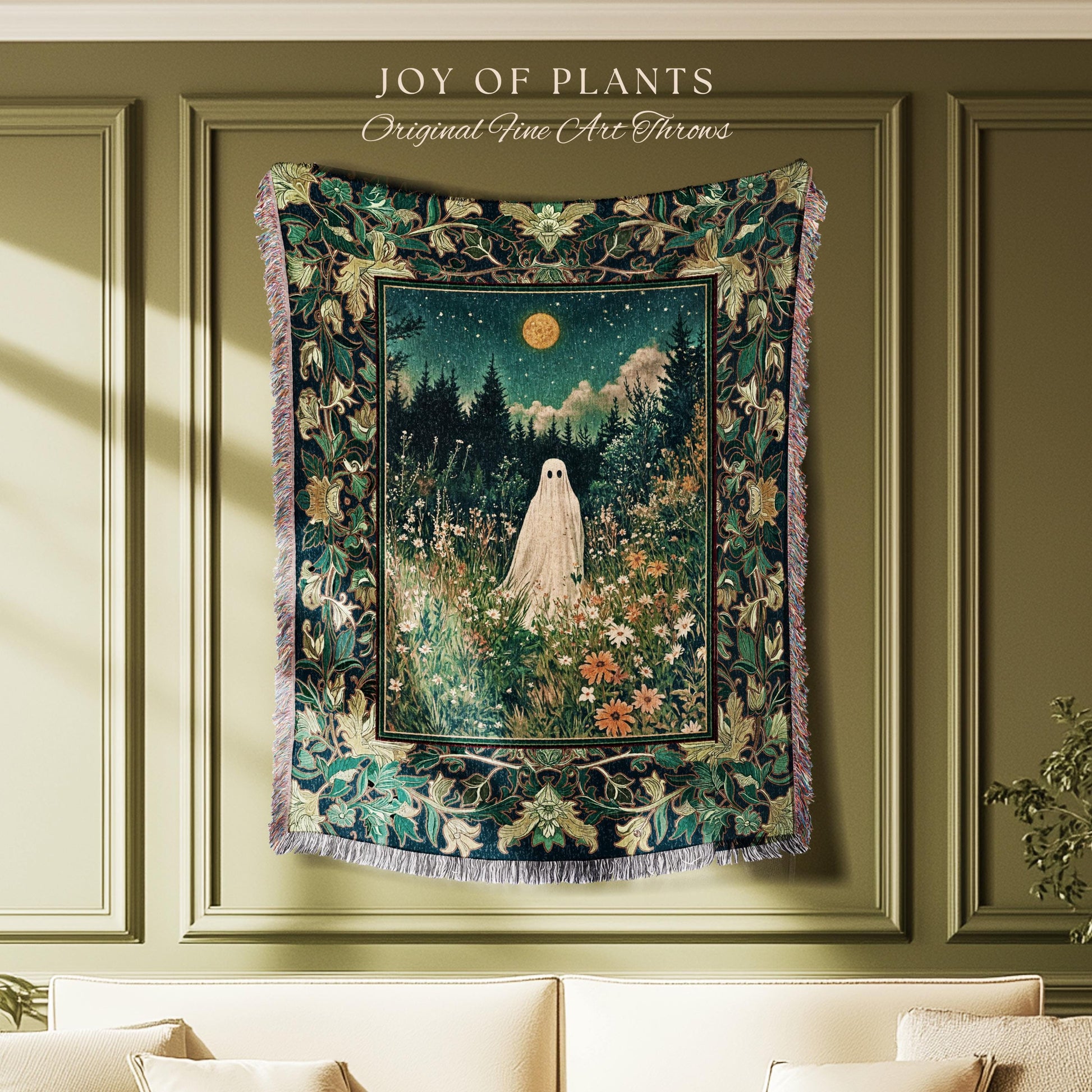 Golden Harvest Moon Ghost Blanket | Spooky Vibes Halloween Aesthetic Cute Decor Wildflower Woven Throw Cozy Fall Accent Whimsical Botanical