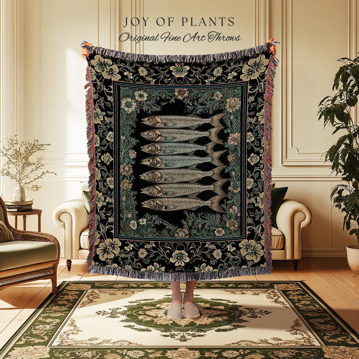 Ocean Folklore Nautical Sardine Blanket | Oceancore Woven Wall Tapestry Costal Fish Marine Life Home Accent Ocean Inspired Fish Aesthetic |