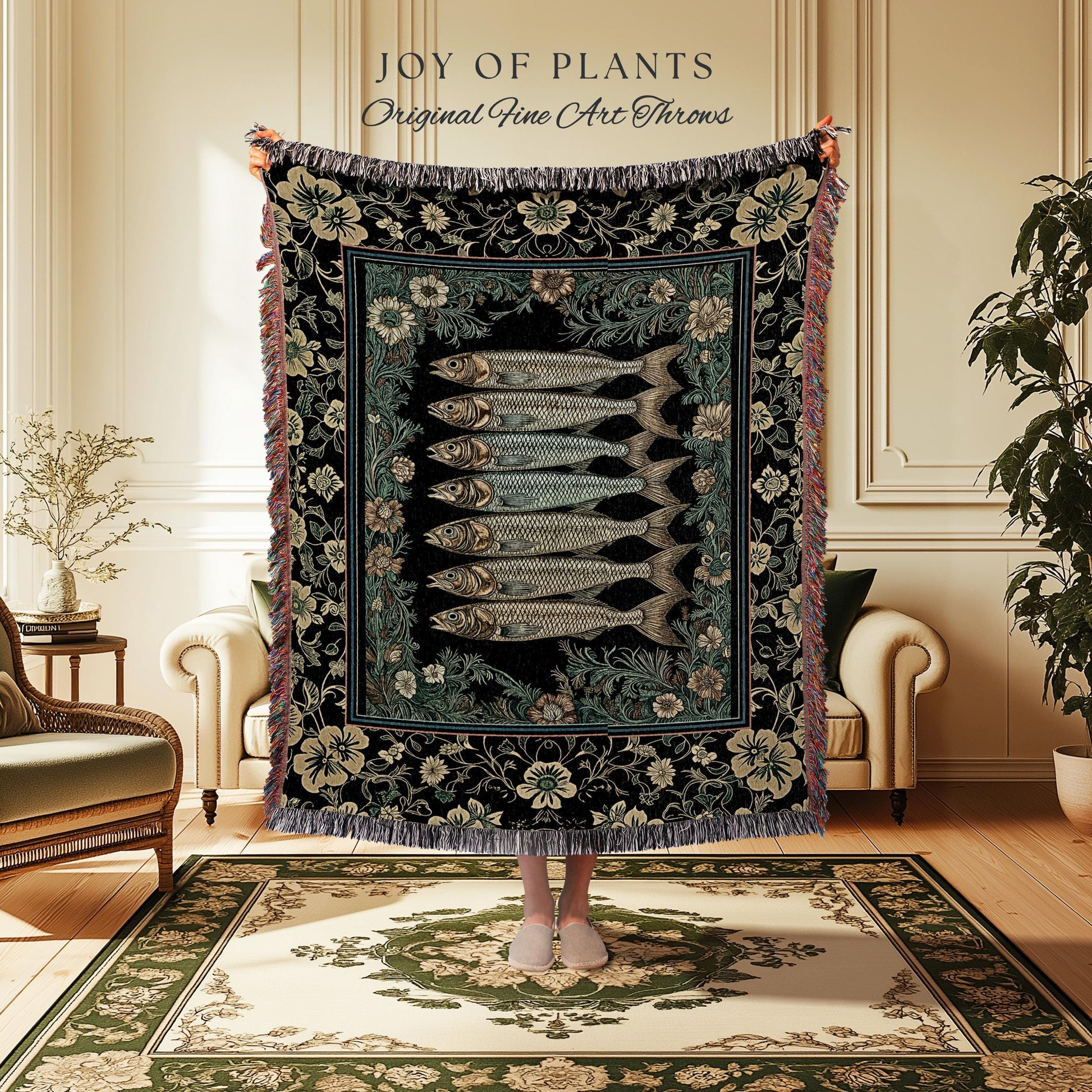 Ocean Folklore Nautical Sardine Blanket | Oceancore Woven Wall Tapestry Costal Fish Marine Life Home Accent Ocean Inspired Fish Aesthetic |