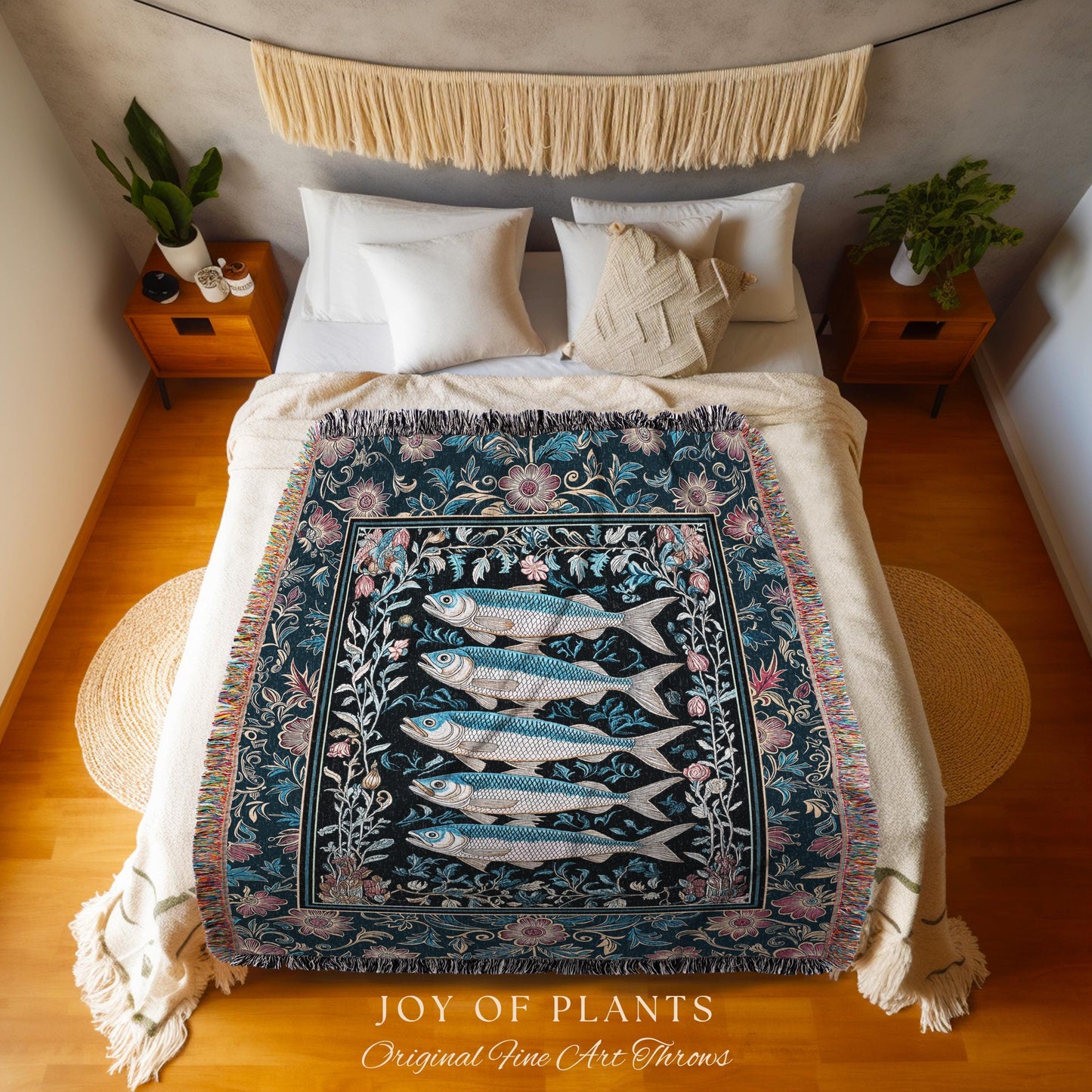 Whimsical Sea Life Sardine Woven Blanket | Cozy Nautical Lake House Throw Eclectic Coastal Aesthetic Maxmialist Tapestry Vintage Sea Life |